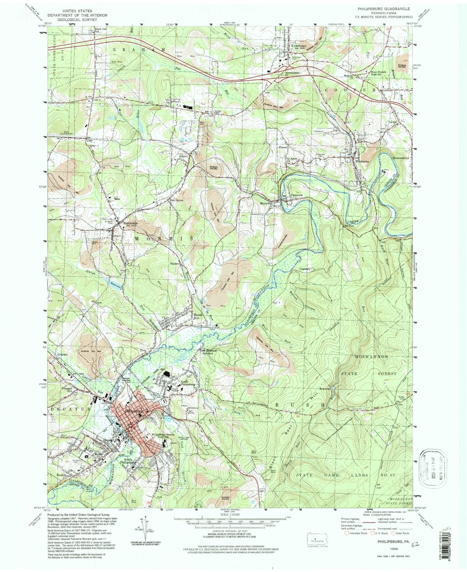 Classic USGS Philipsburg Pennsylvania 7.5'x7.5' Topo Map Image