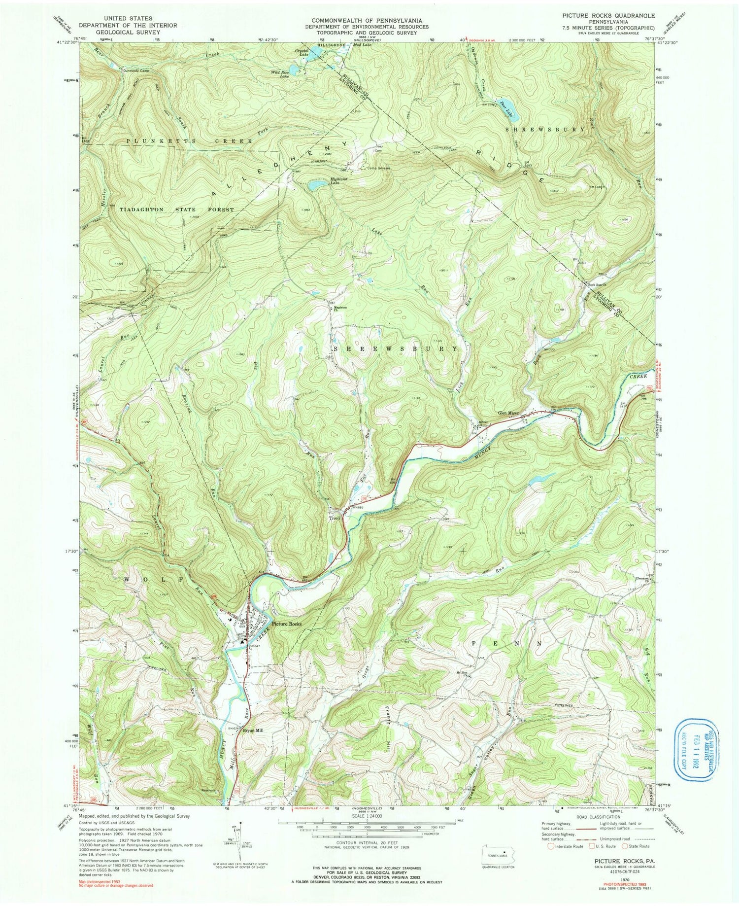 Classic USGS Picture Rocks Pennsylvania 7.5'x7.5' Topo Map Image