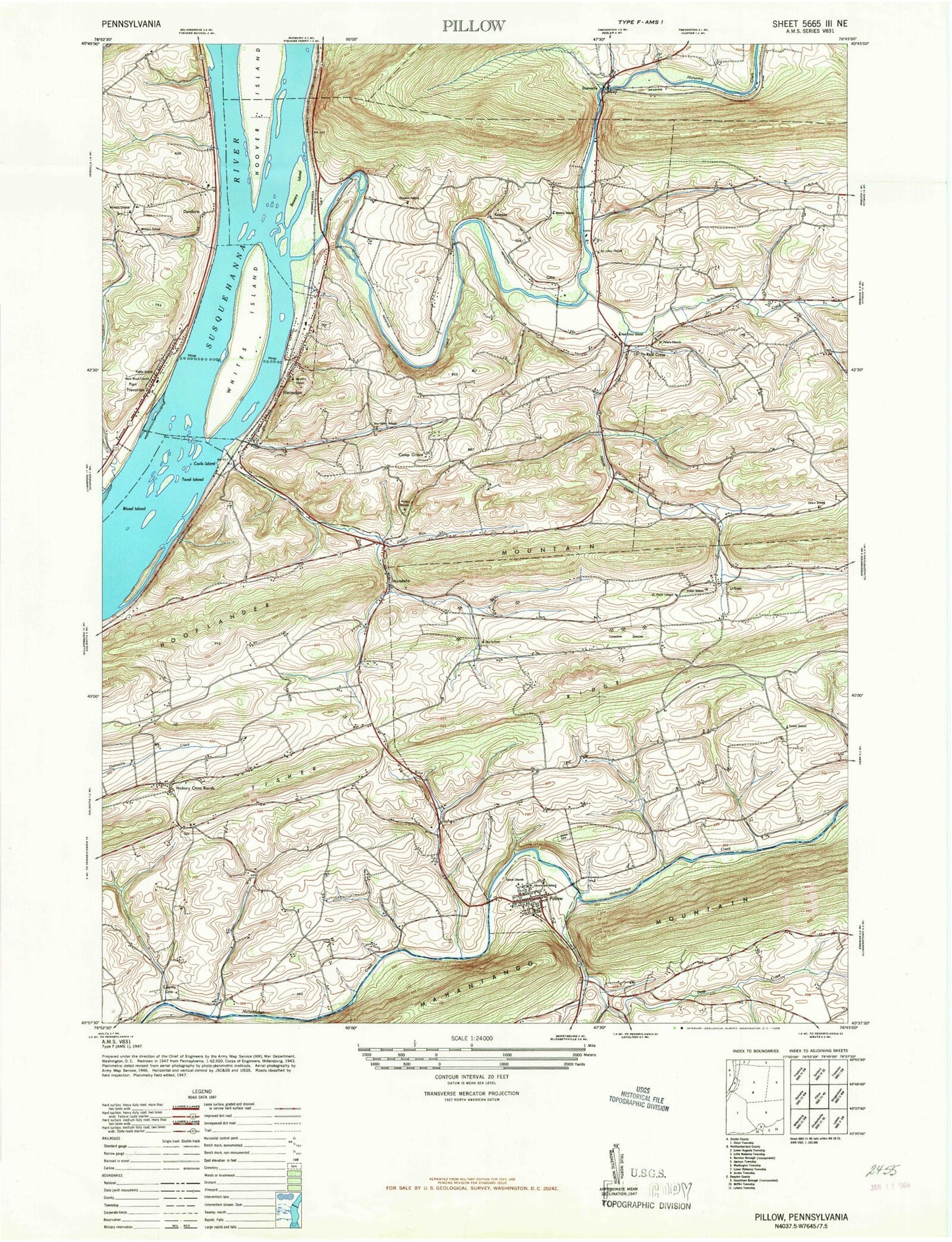 Classic USGS Pillow Pennsylvania 7.5'x7.5' Topo Map Image