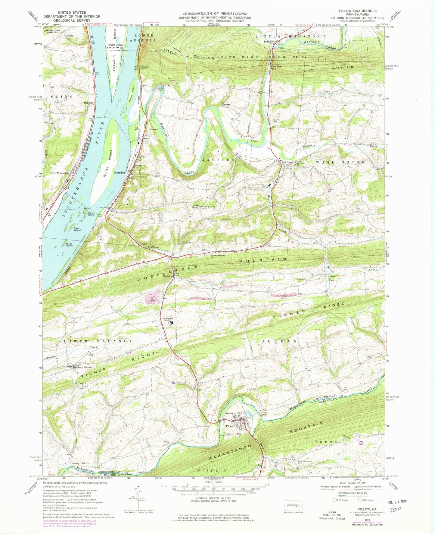 Classic USGS Pillow Pennsylvania 7.5'x7.5' Topo Map Image