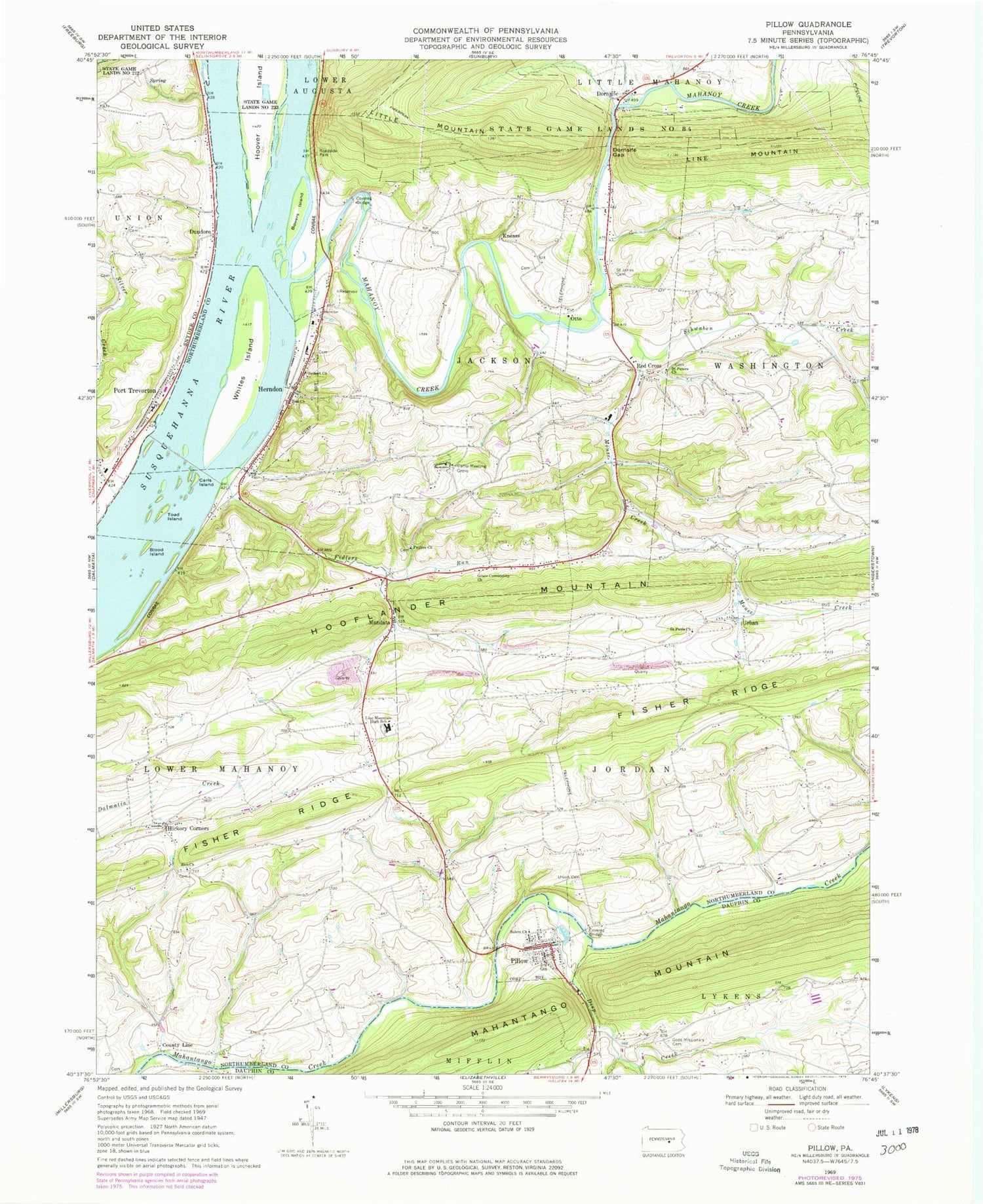 Classic USGS Pillow Pennsylvania 7.5'x7.5' Topo Map Image
