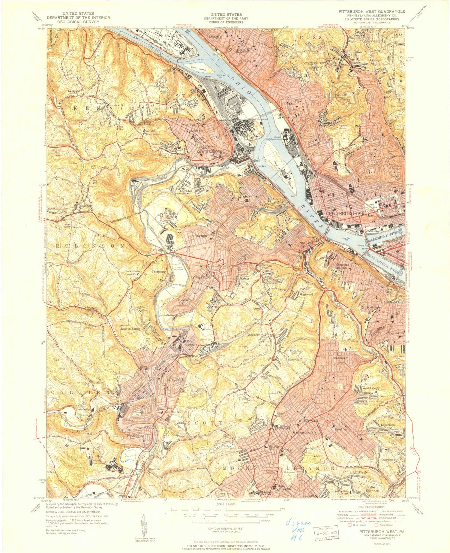 Classic USGS Pittsburgh West Pennsylvania 7.5'x7.5' Topo Map Image