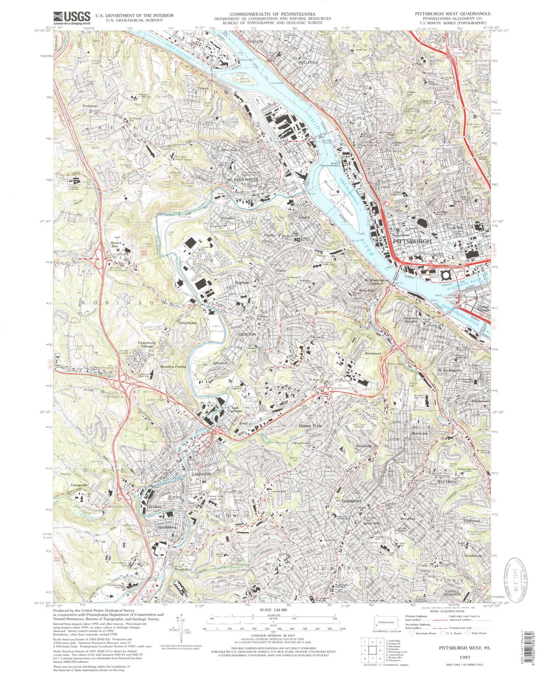Classic USGS Pittsburgh West Pennsylvania Topo Map