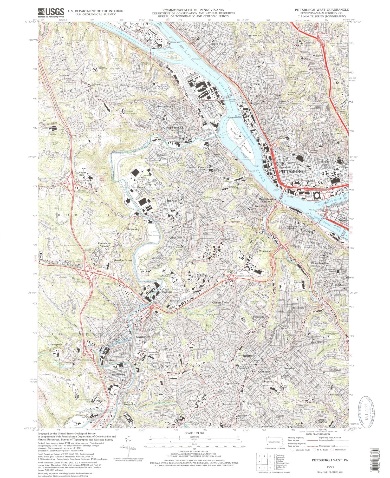 Classic USGS Pittsburgh West Pennsylvania 7.5'x7.5' Topo Map Image