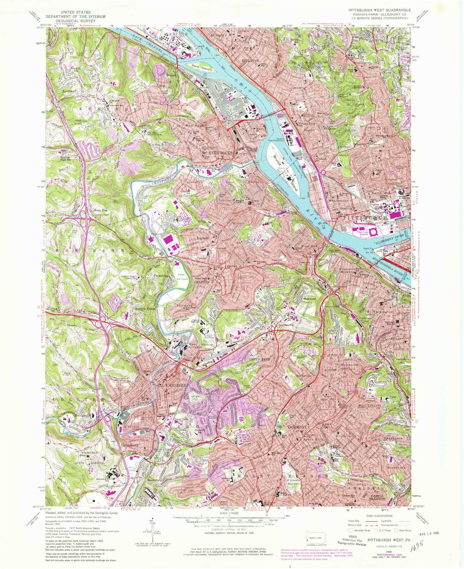 Classic USGS Pittsburgh West Pennsylvania 7.5'x7.5' Topo Map Image