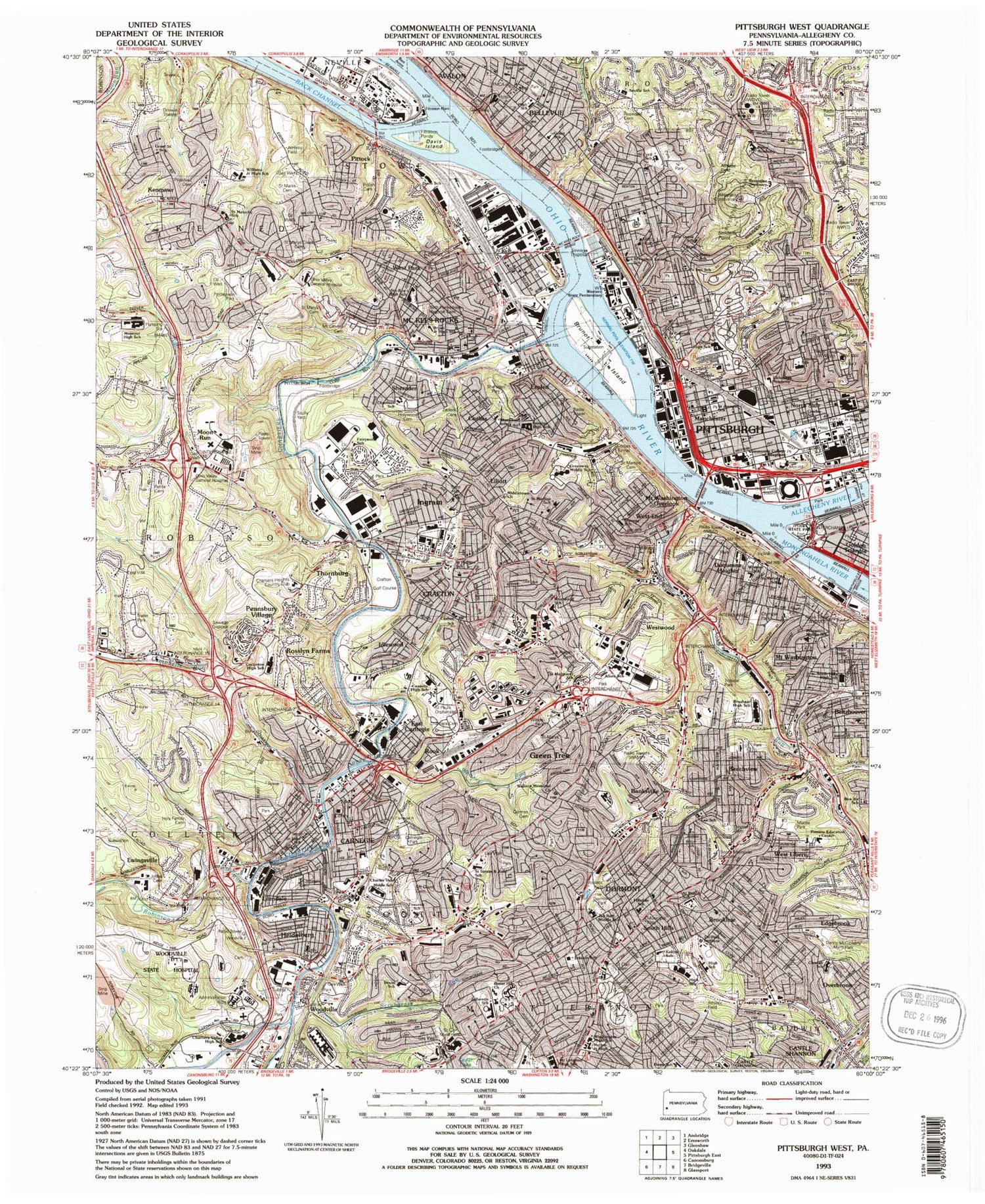 Classic USGS Pittsburgh West Pennsylvania 7.5'x7.5' Topo Map Image
