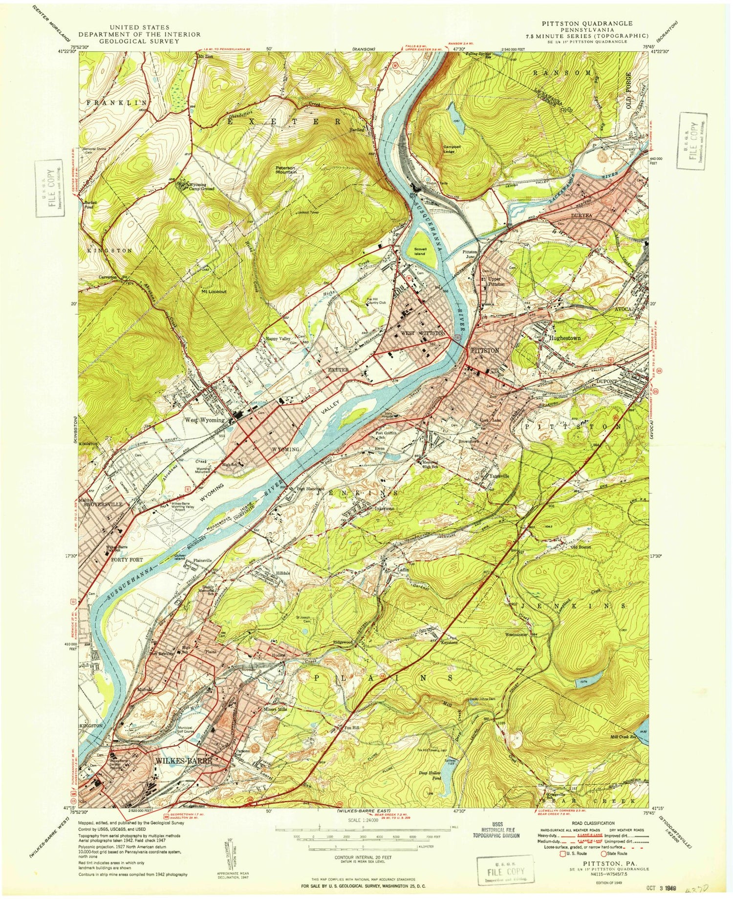 Classic USGS Pittston Pennsylvania 7.5'x7.5' Topo Map Image