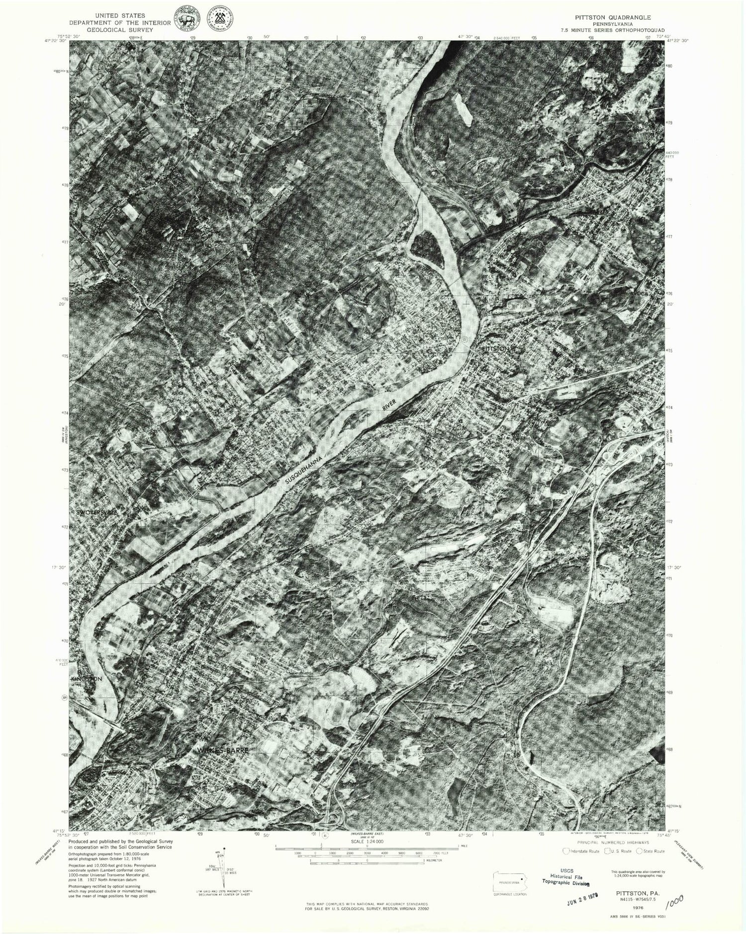 Classic USGS Pittston Pennsylvania 7.5'x7.5' Topo Map Image