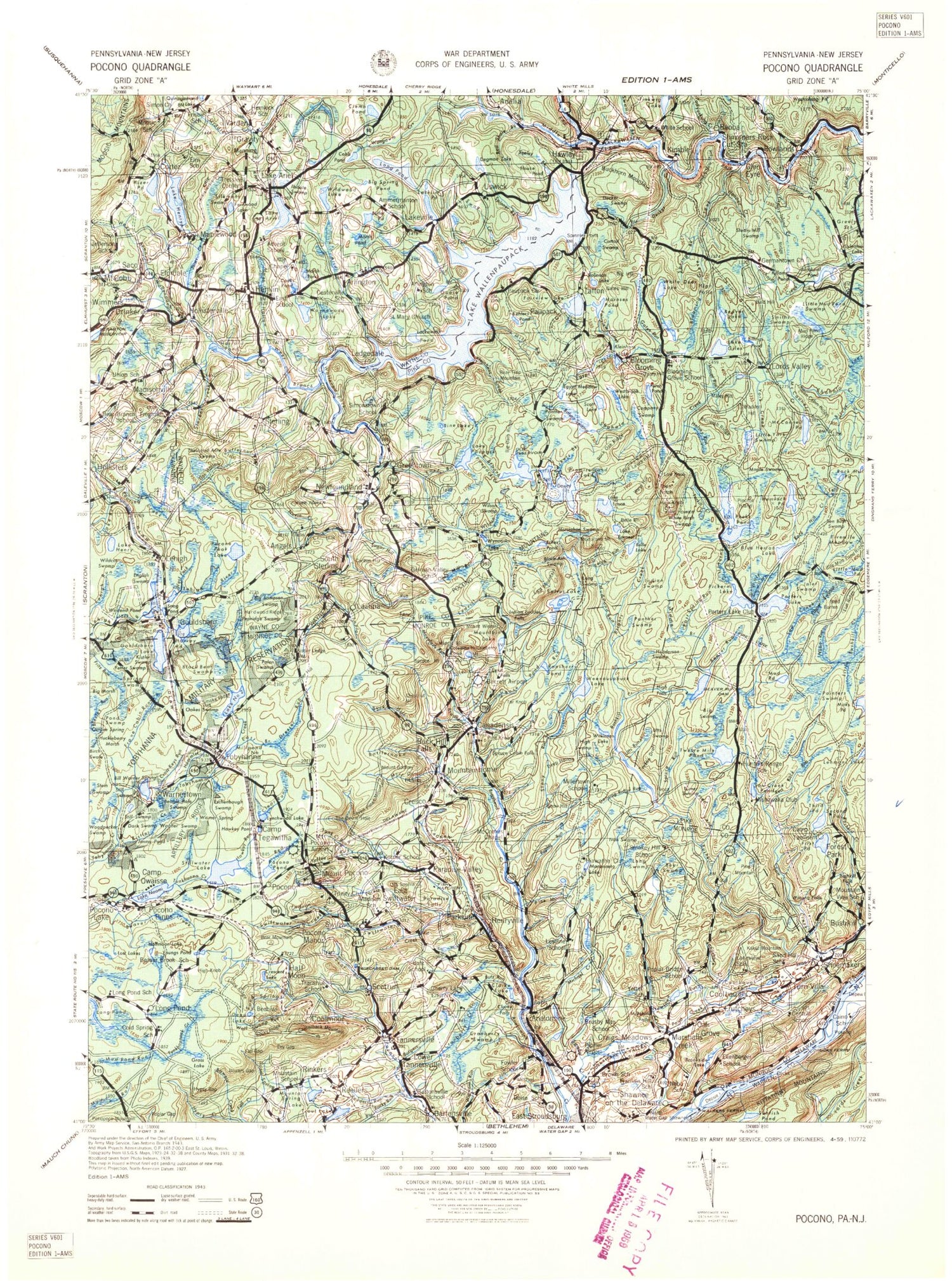 Historic 1959 Pocono Pennsylvania 30'x30' Topo Map Image