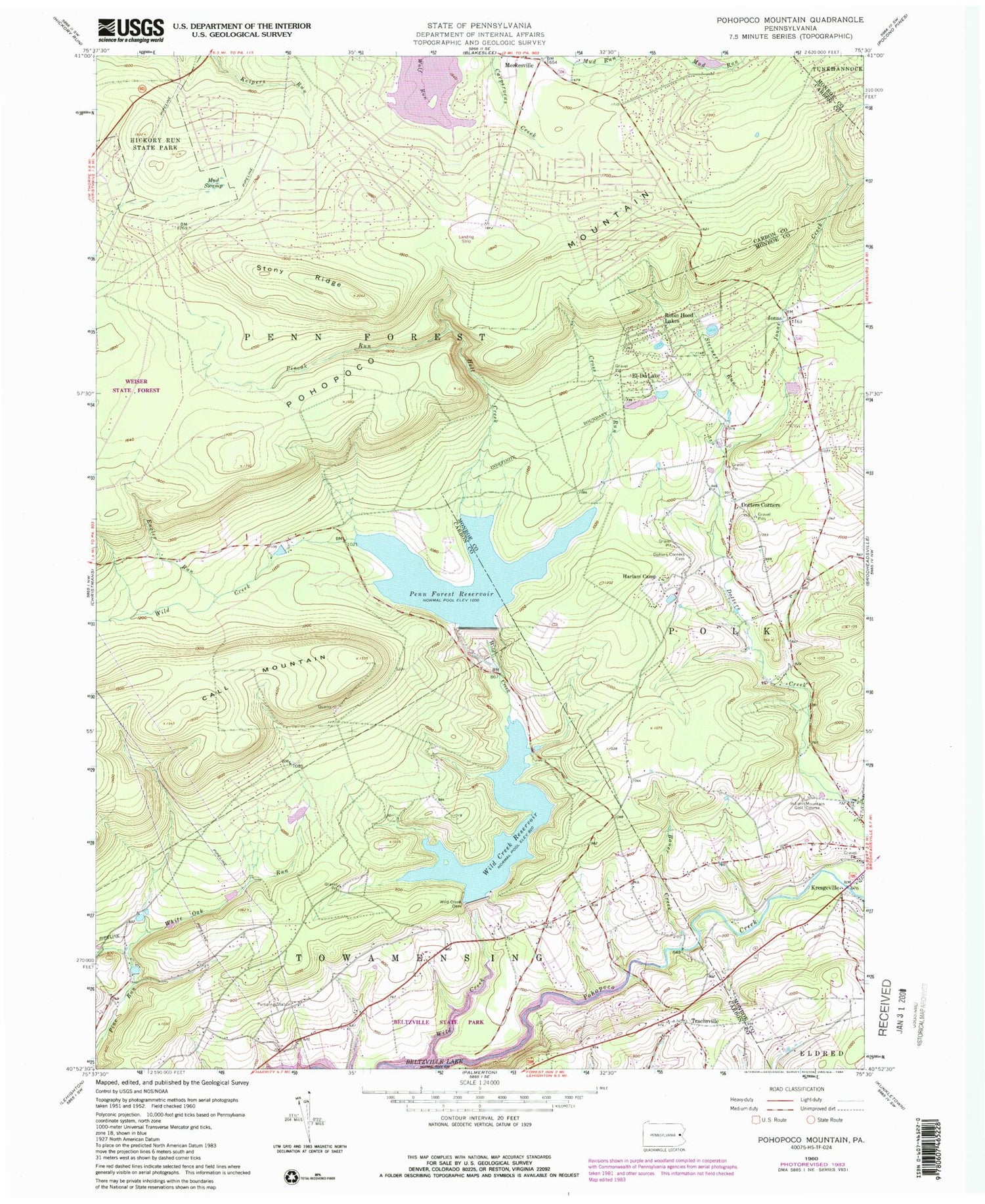 Classic USGS Pohopoco Mountain Pennsylvania 7.5'x7.5' Topo Map Image