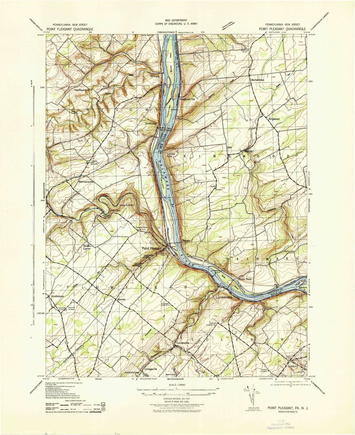 Classic USGS Lumberville Pennsylvania 7.5'x7.5' Topo Map Image