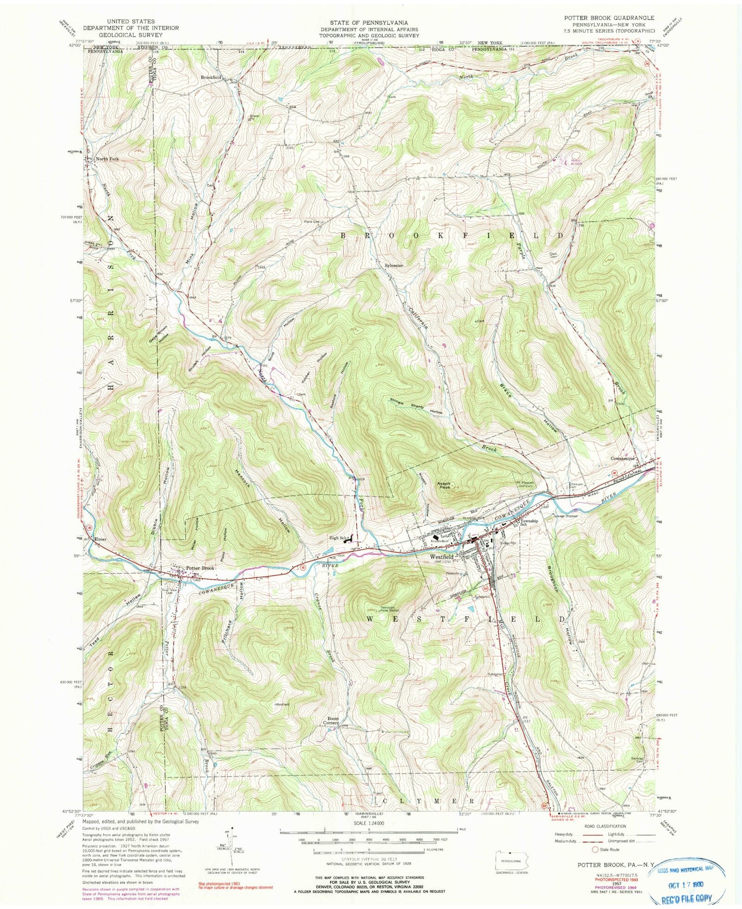 Classic USGS Potter Brook Pennsylvania 7.5'x7.5' Topo Map Image