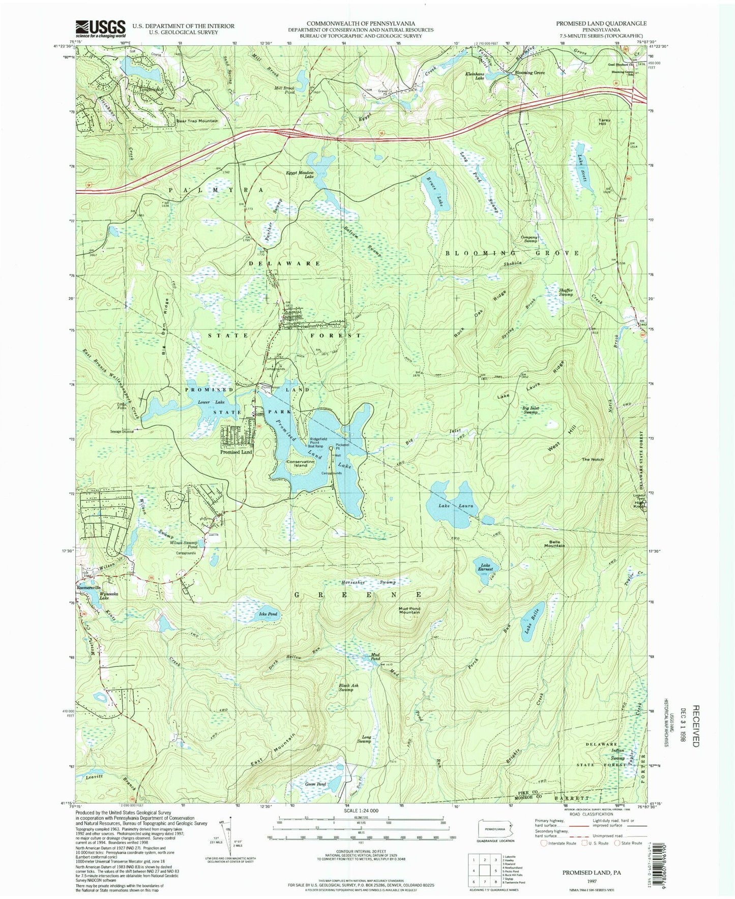 Classic USGS Promised Land Pennsylvania 7.5'x7.5' Topo Map Image