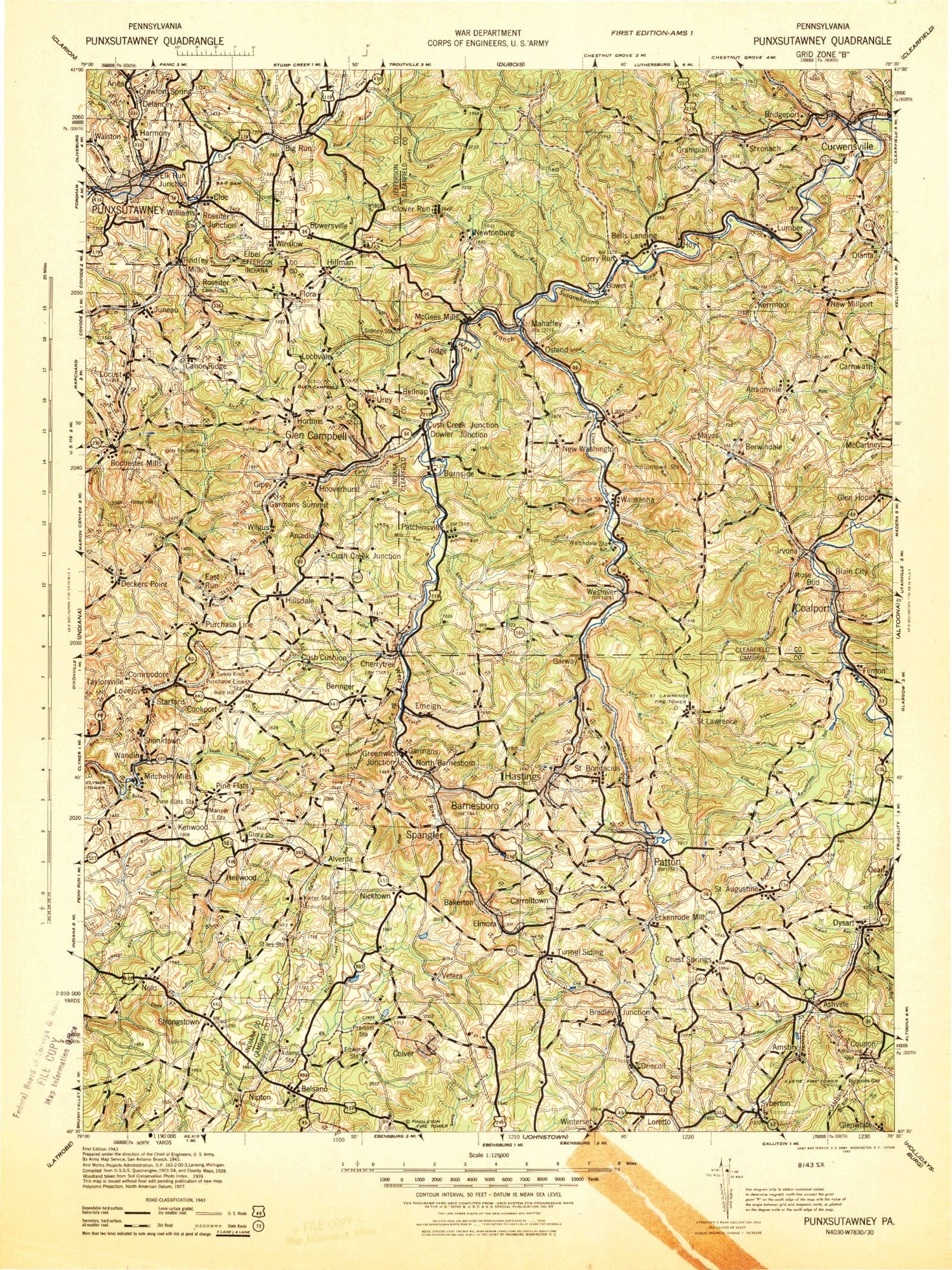 Historic 1943 Punxsutawney Pennsylvania 30'x30' Topo Map Image