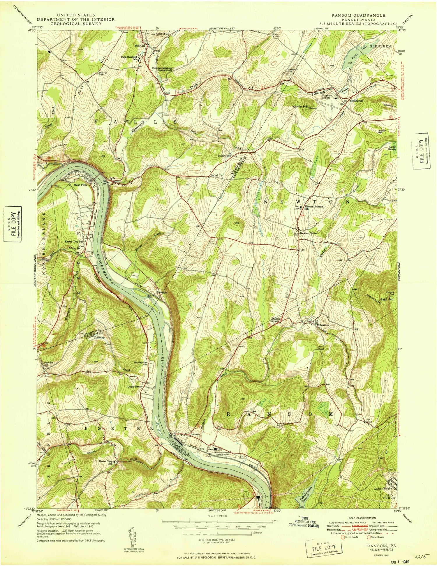 Classic USGS Ransom Pennsylvania 7.5'x7.5' Topo Map Image