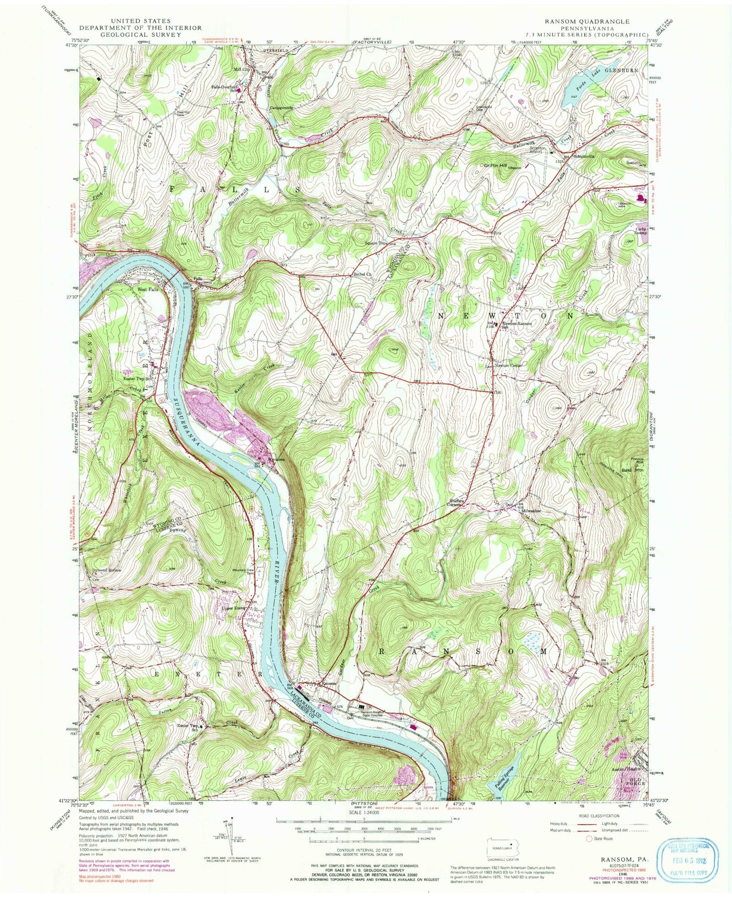Classic USGS Ransom Pennsylvania 7.5'x7.5' Topo Map Image