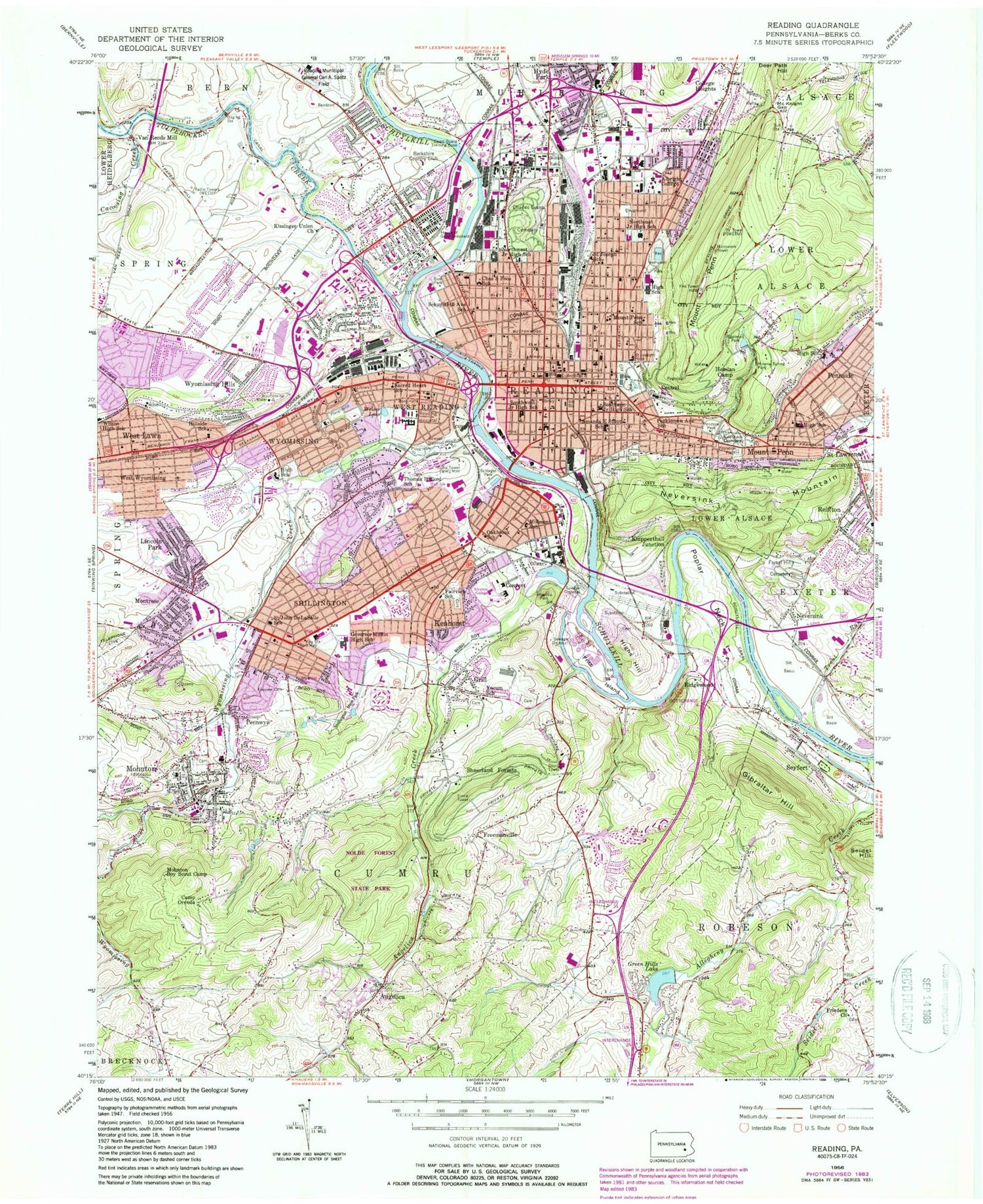 Classic USGS Reading Pennsylvania 7.5'x7.5' Topo Map Image