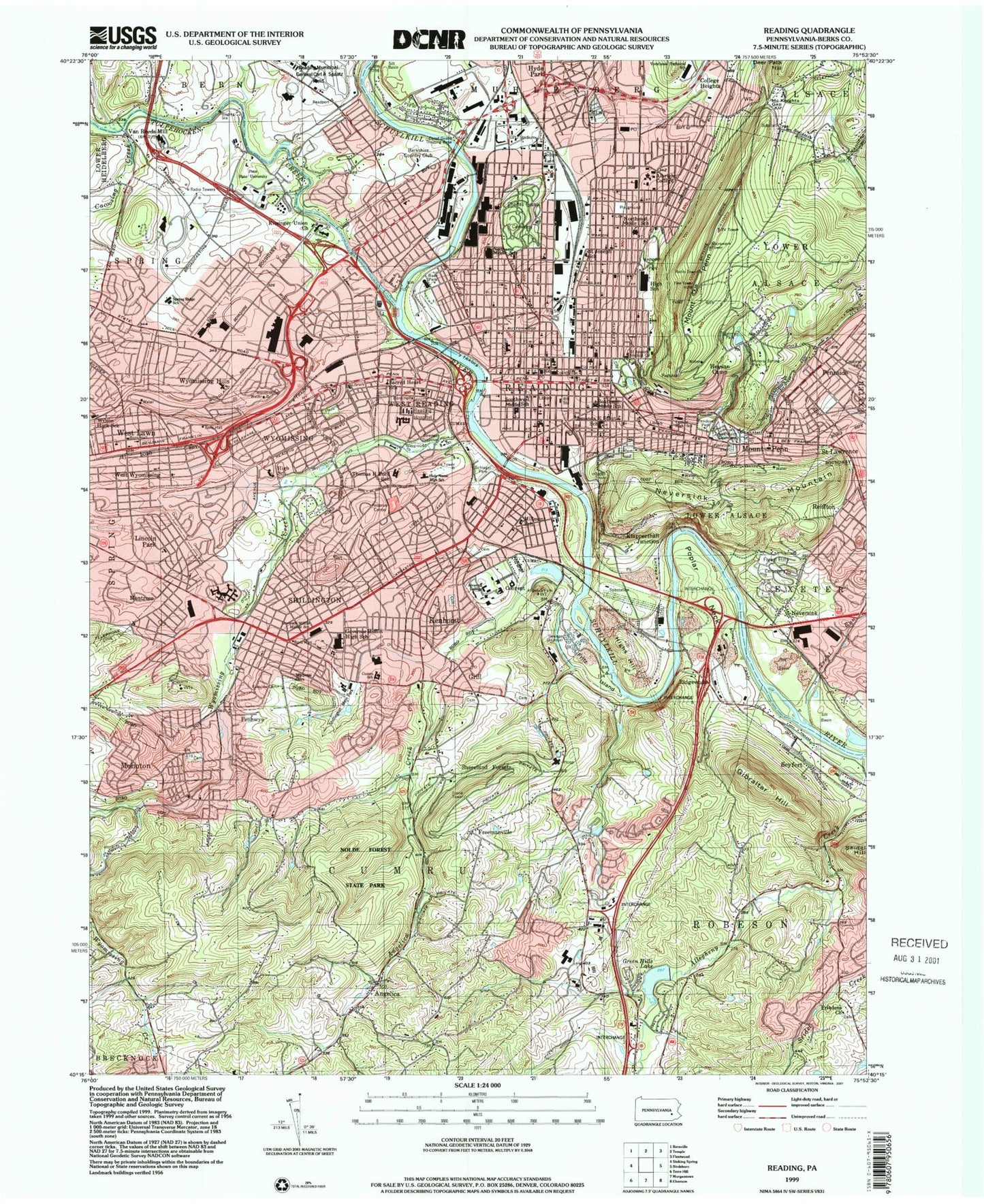 Classic USGS Reading Pennsylvania 7.5'x7.5' Topo Map Image