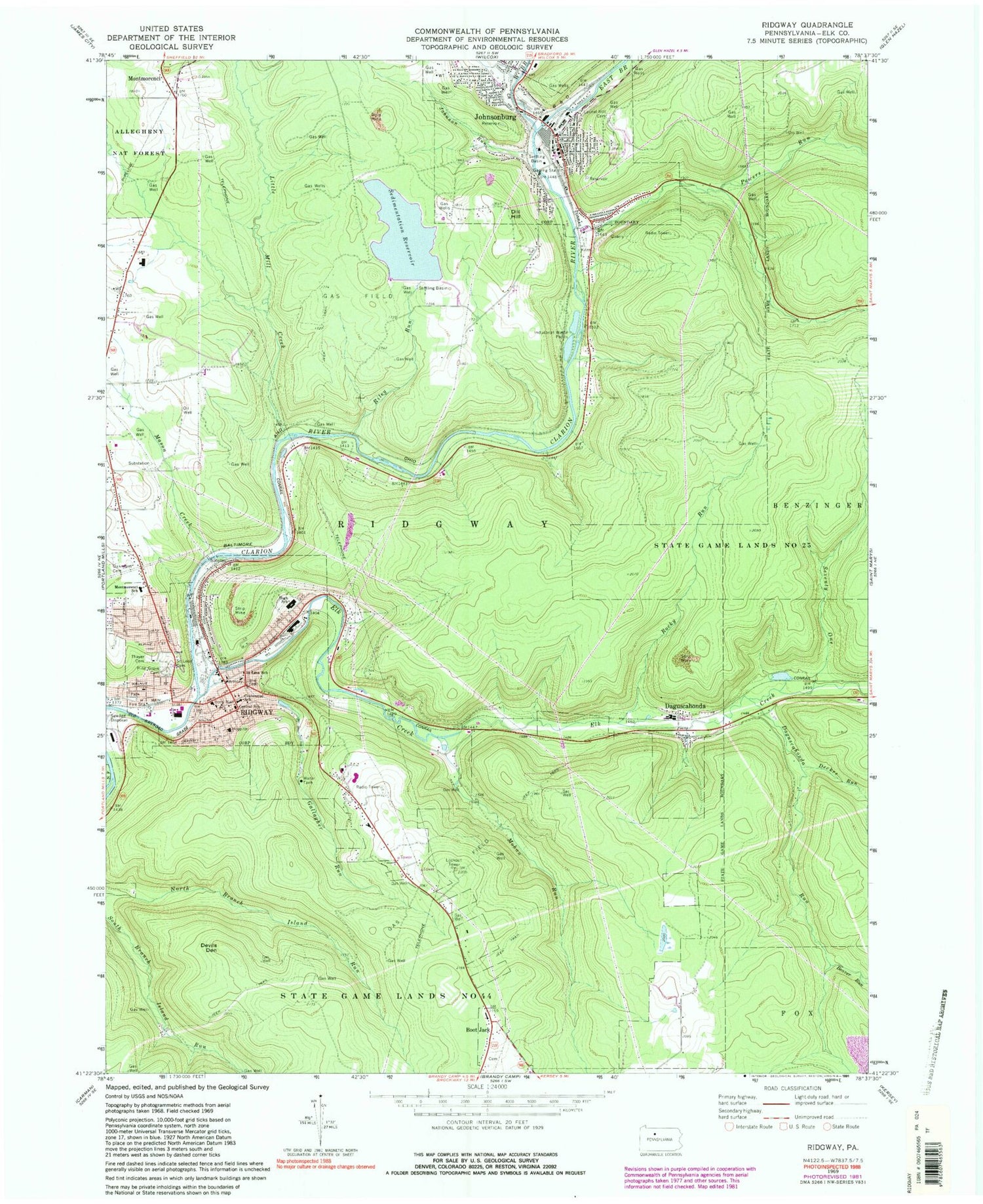 Classic USGS Ridgway Pennsylvania 7.5'x7.5' Topo Map Image
