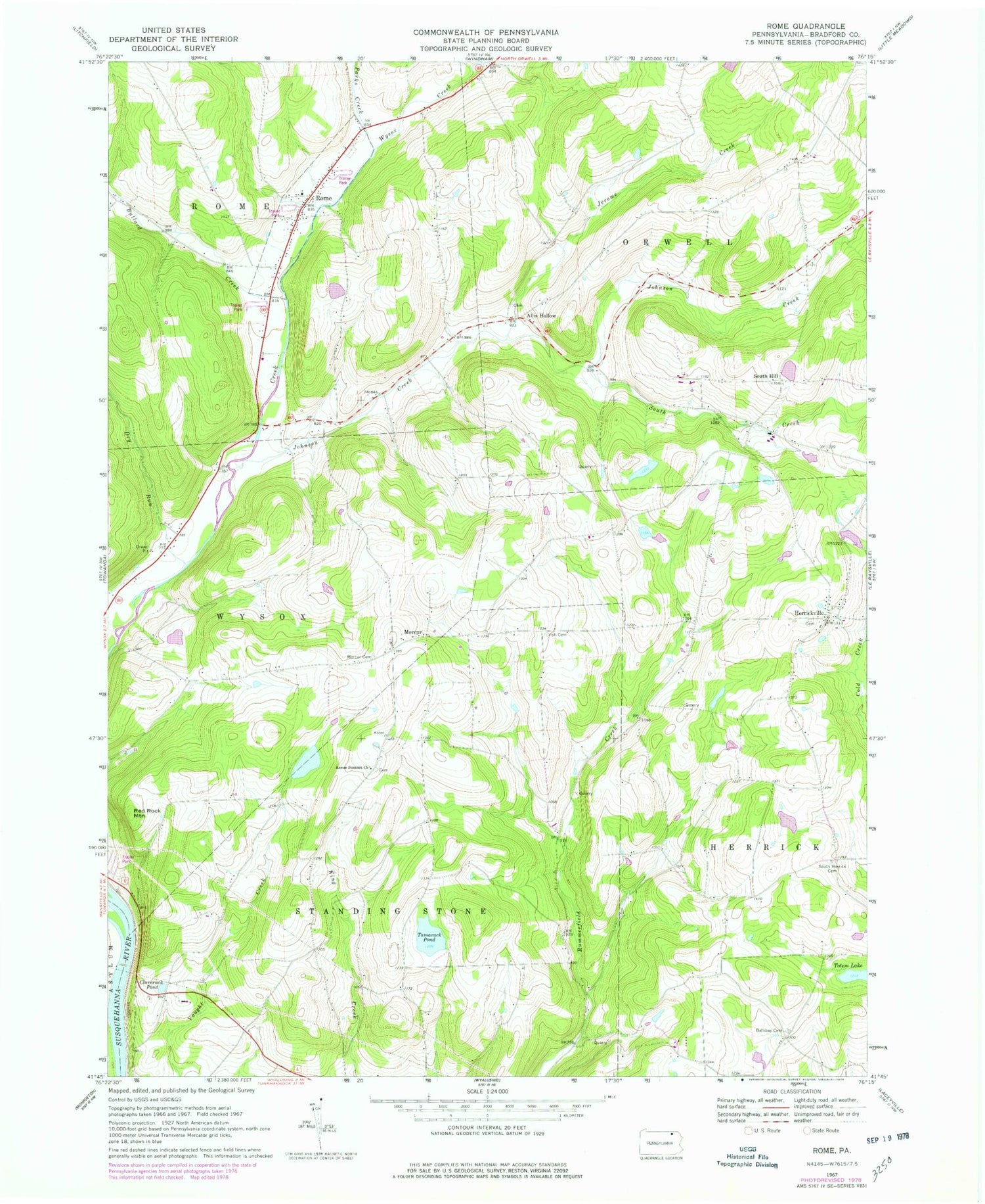 Classic USGS Rome Pennsylvania 7.5'x7.5' Topo Map Image