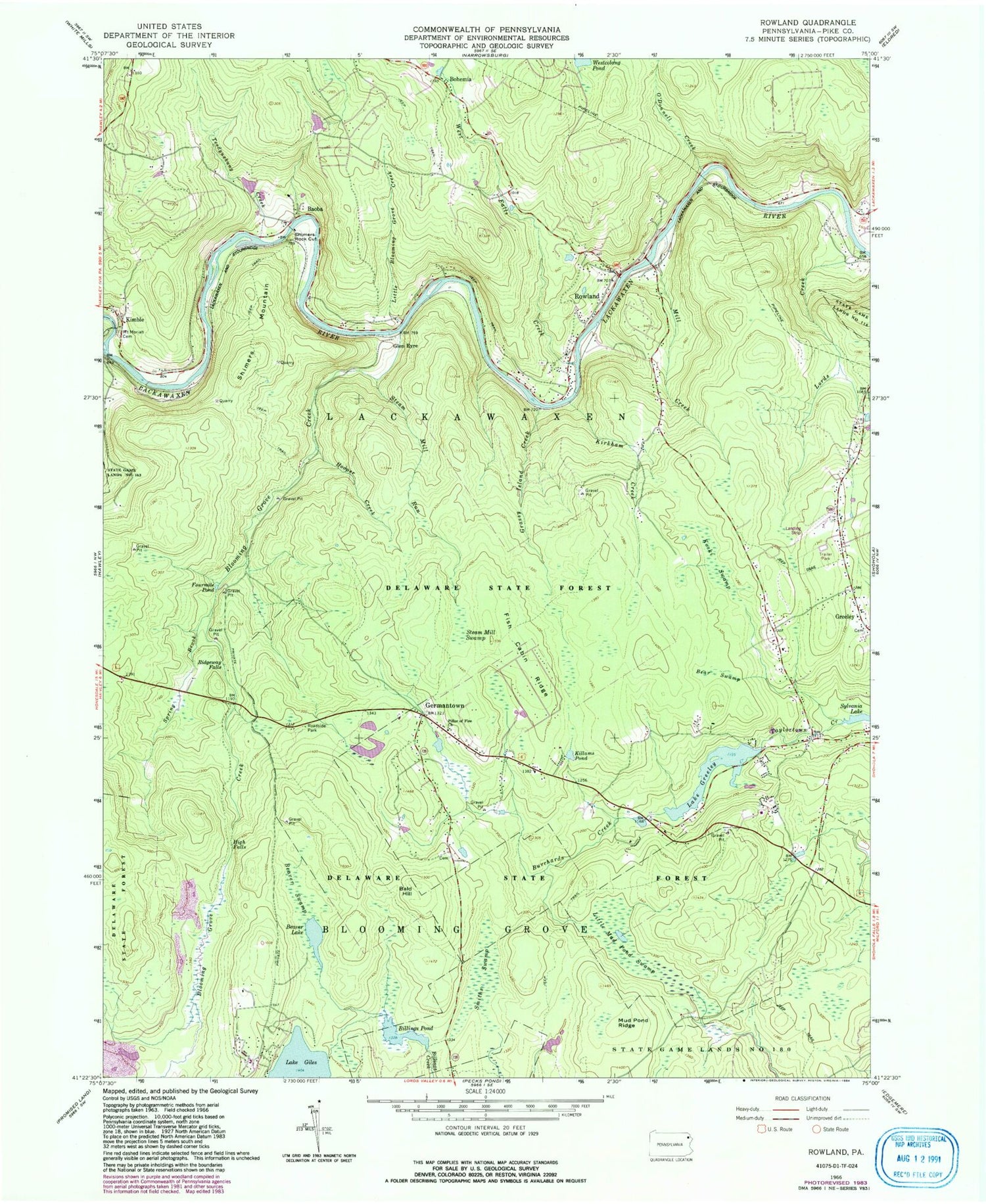 Classic USGS Rowland Pennsylvania 7.5'x7.5' Topo Map Image