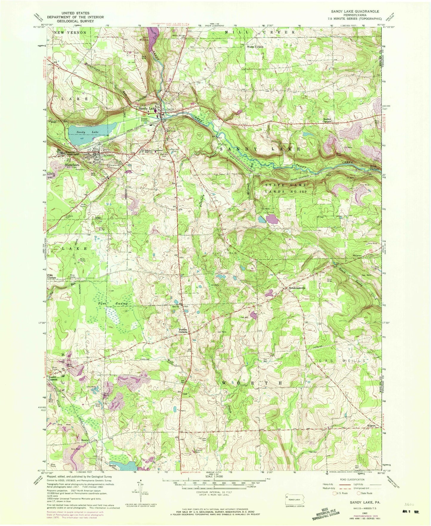 Classic USGS Sandy Lake Pennsylvania 7.5'x7.5' Topo Map Image