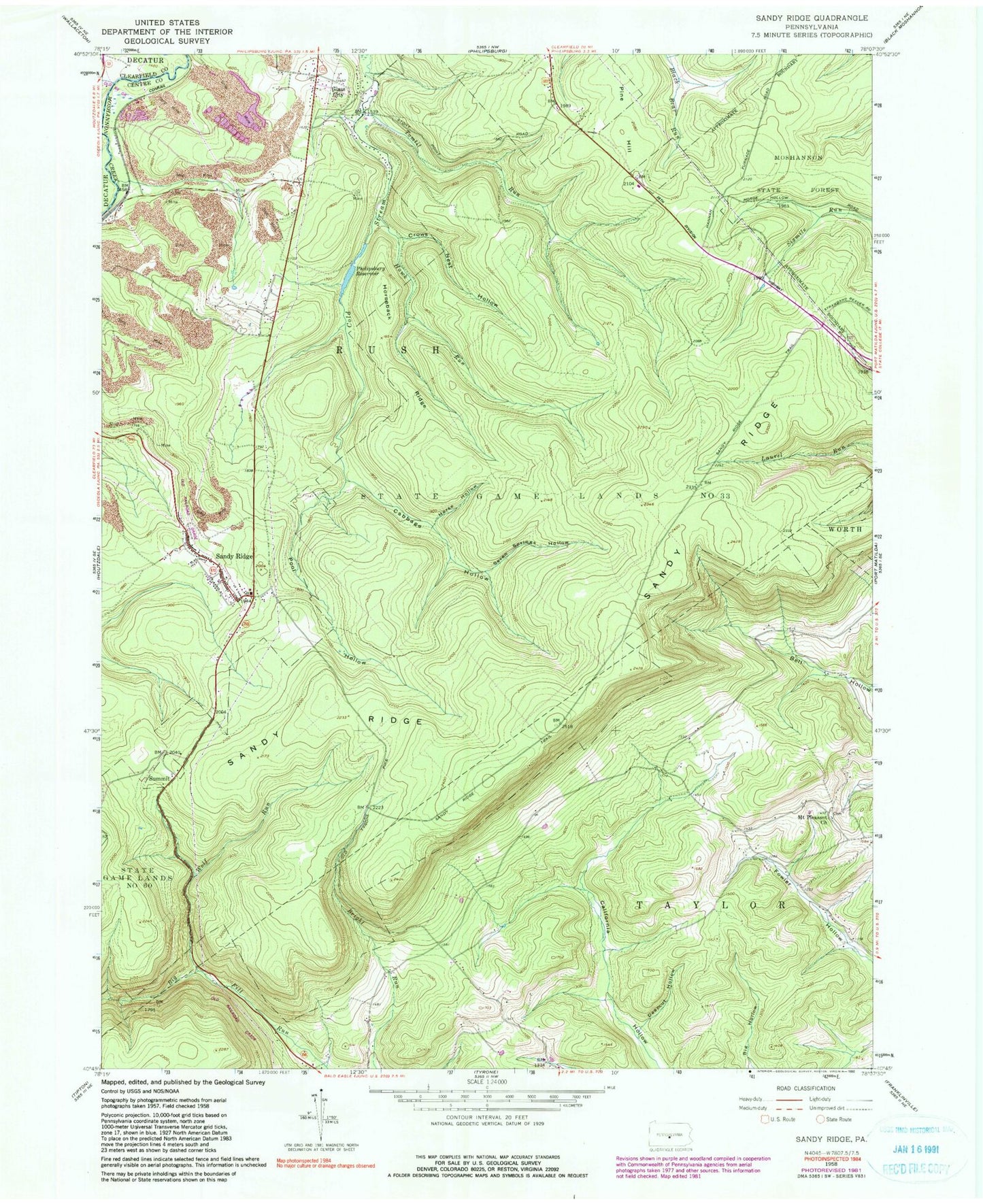 Classic USGS Sandy Ridge Pennsylvania 7.5'x7.5' Topo Map Image