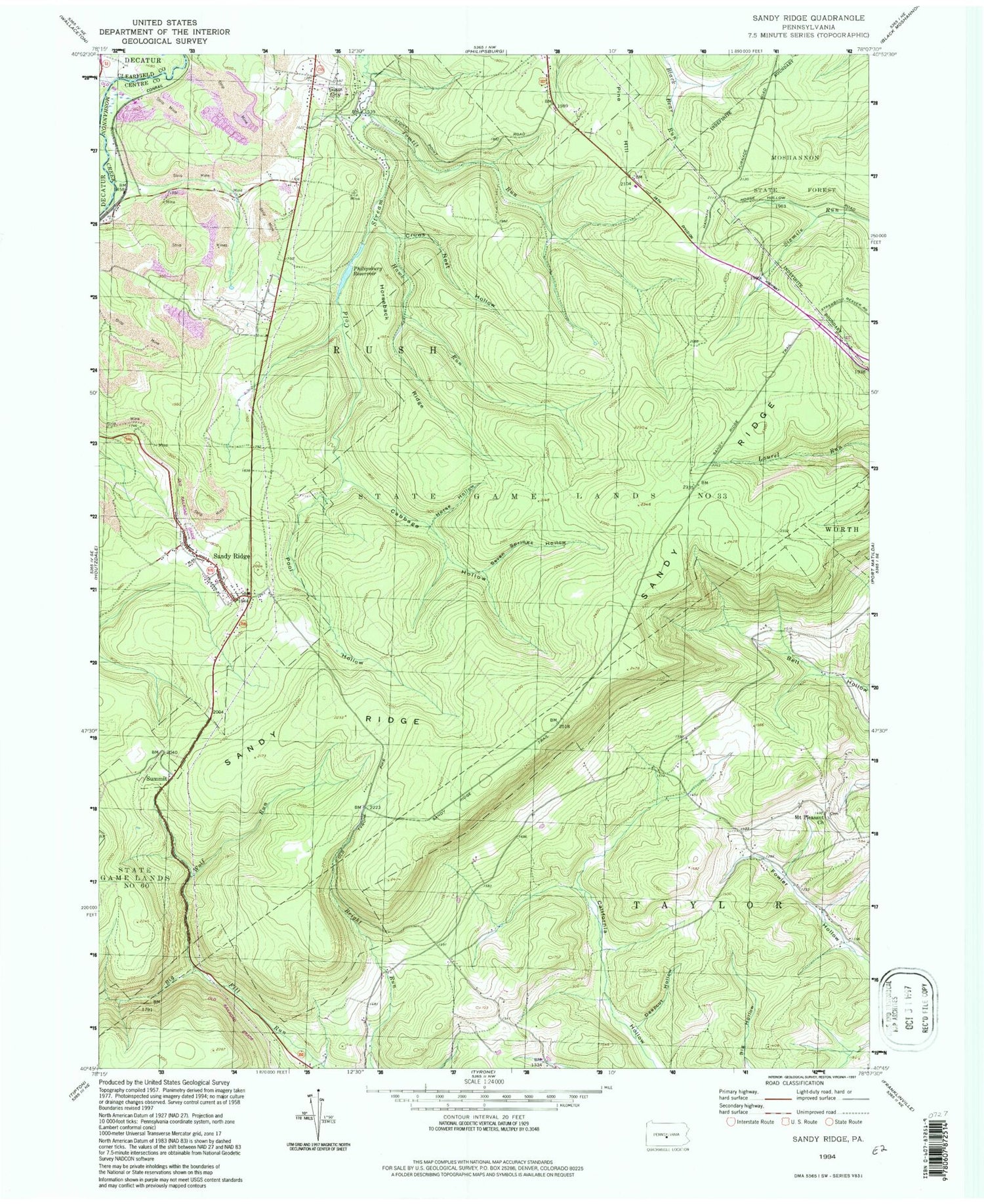 Classic USGS Sandy Ridge Pennsylvania 7.5'x7.5' Topo Map Image