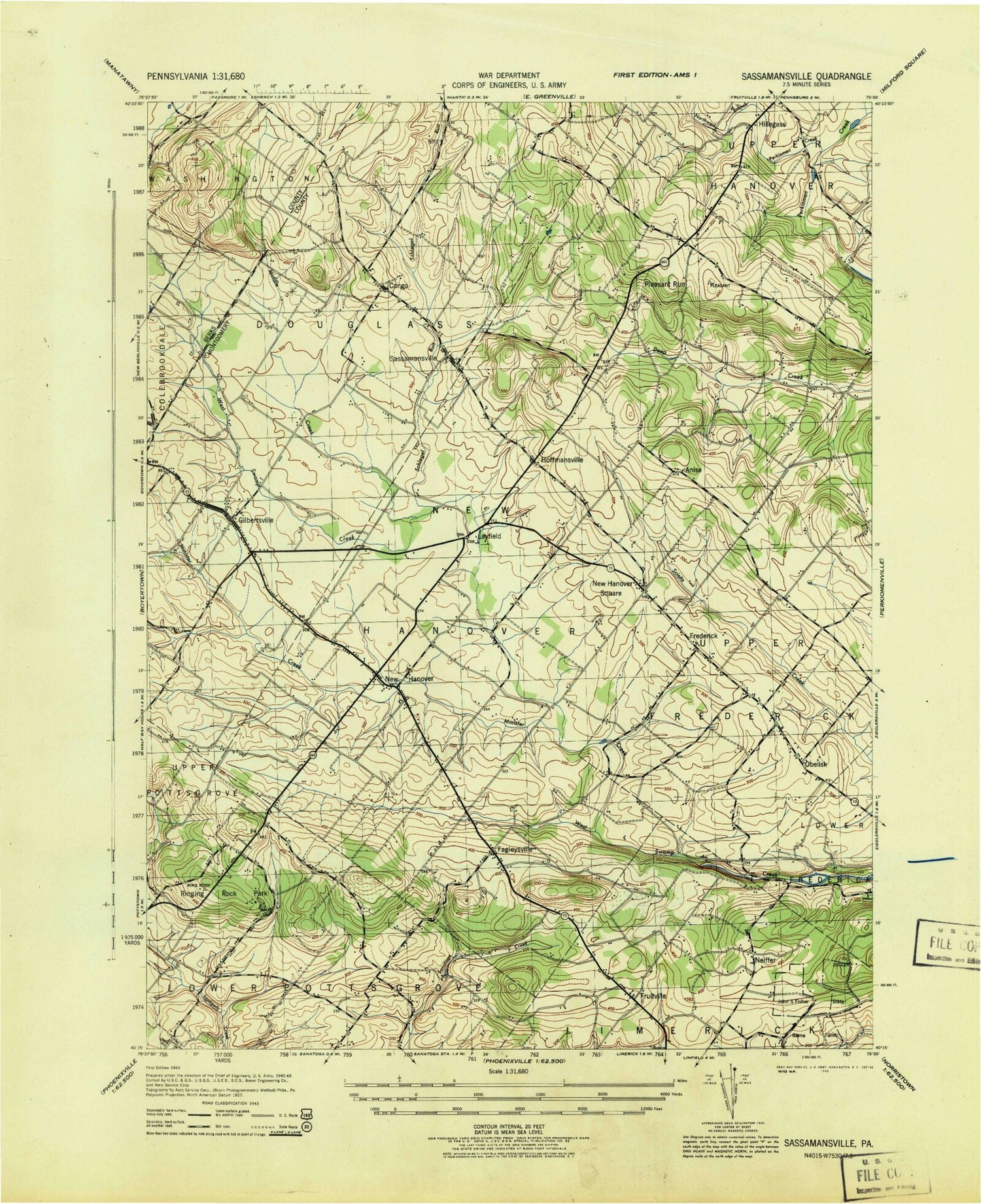 Classic USGS Sassamansville Pennsylvania 7.5'x7.5' Topo Map Image