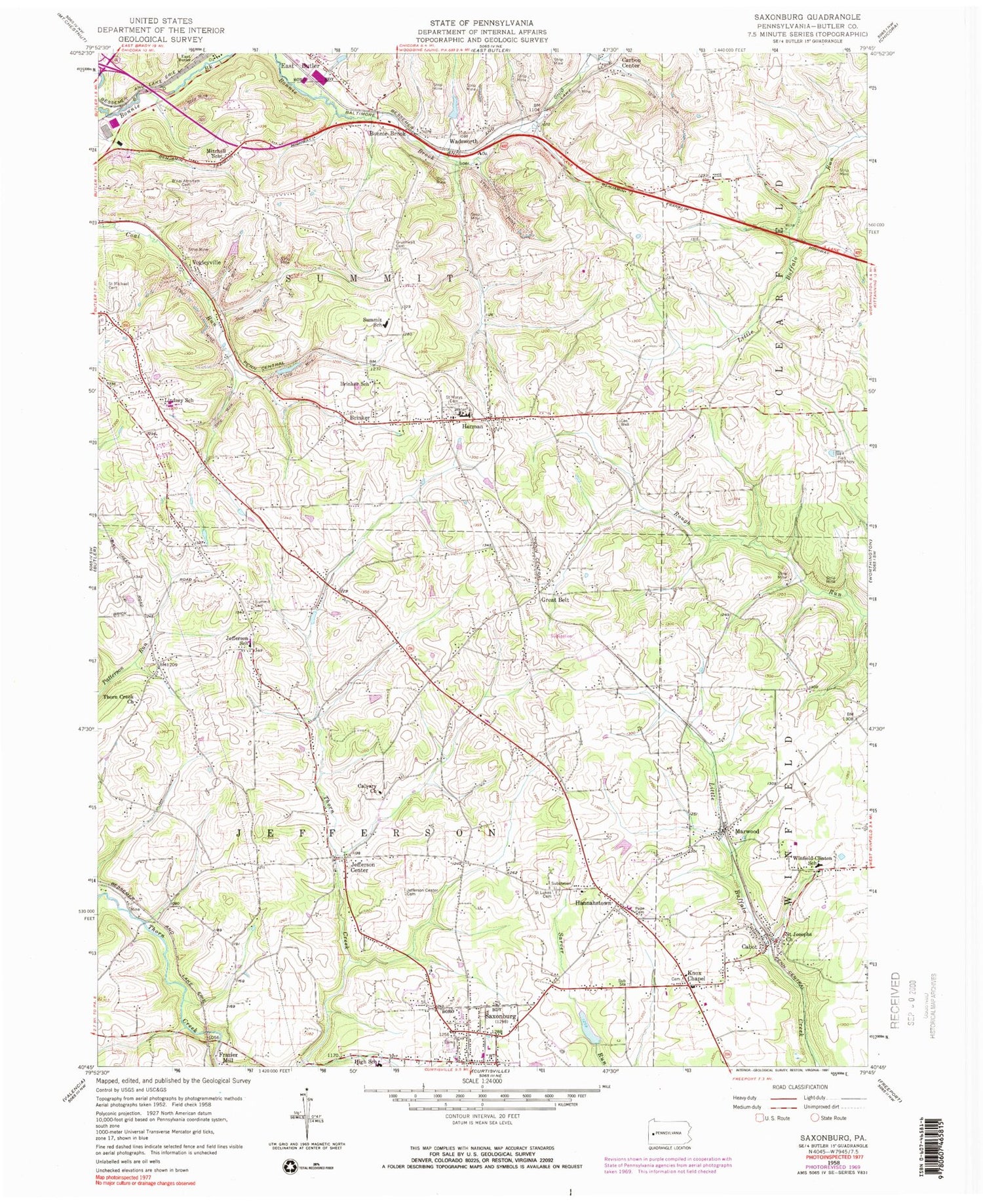 Classic USGS Saxonburg Pennsylvania 7.5'x7.5' Topo Map Image