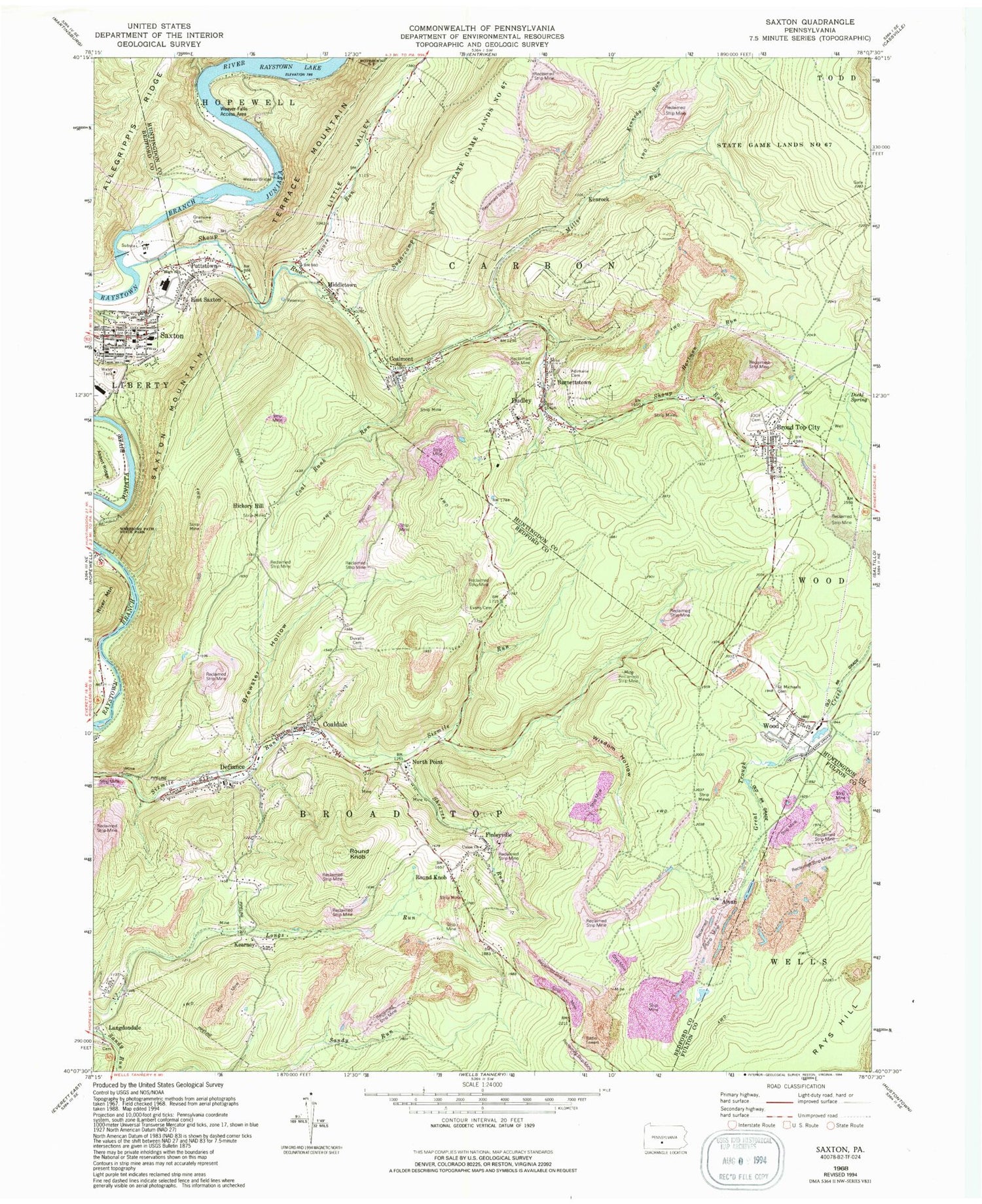Classic USGS Saxton Pennsylvania 7.5'x7.5' Topo Map Image