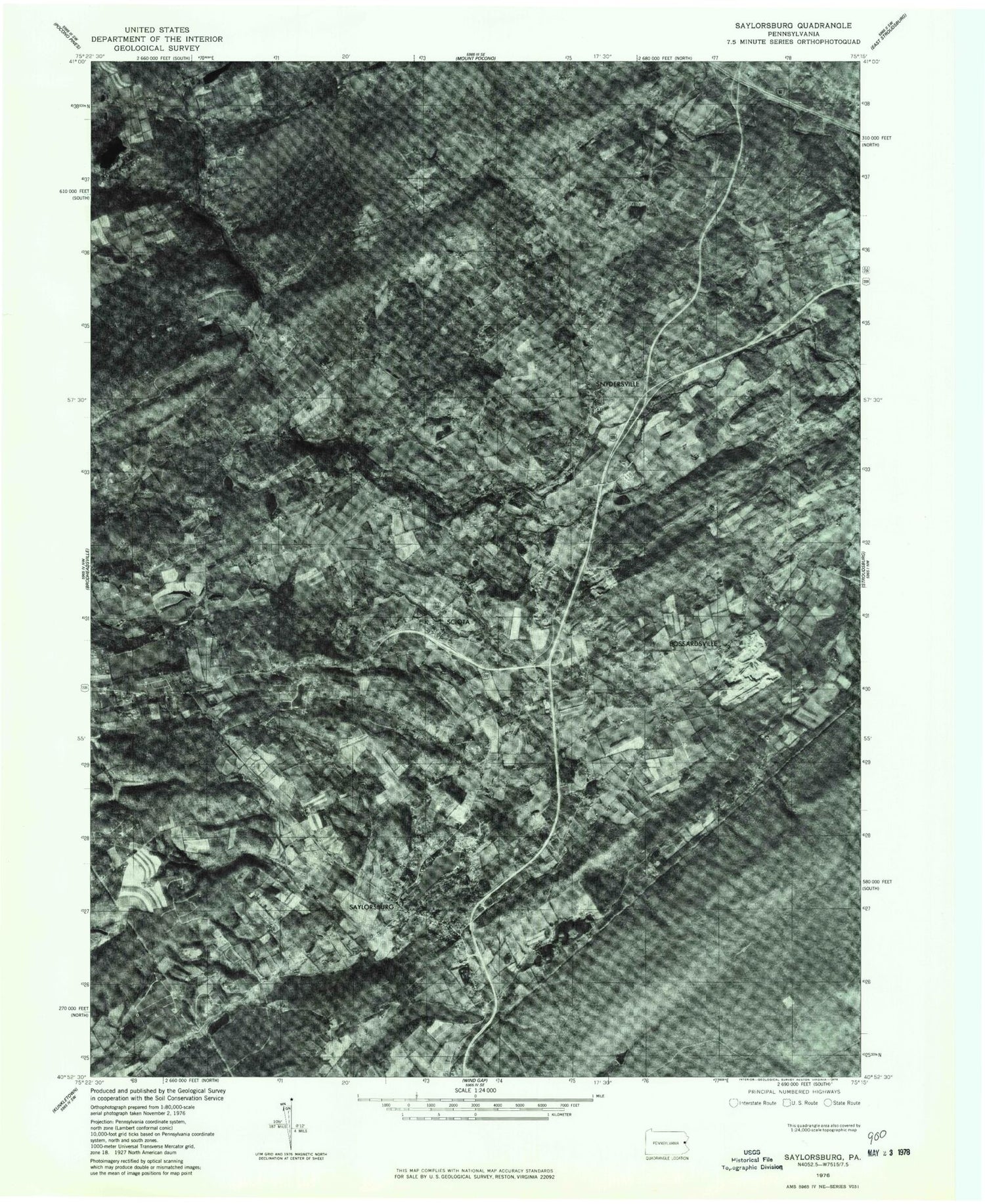 Classic USGS Saylorsburg Pennsylvania 7.5'x7.5' Topo Map Image