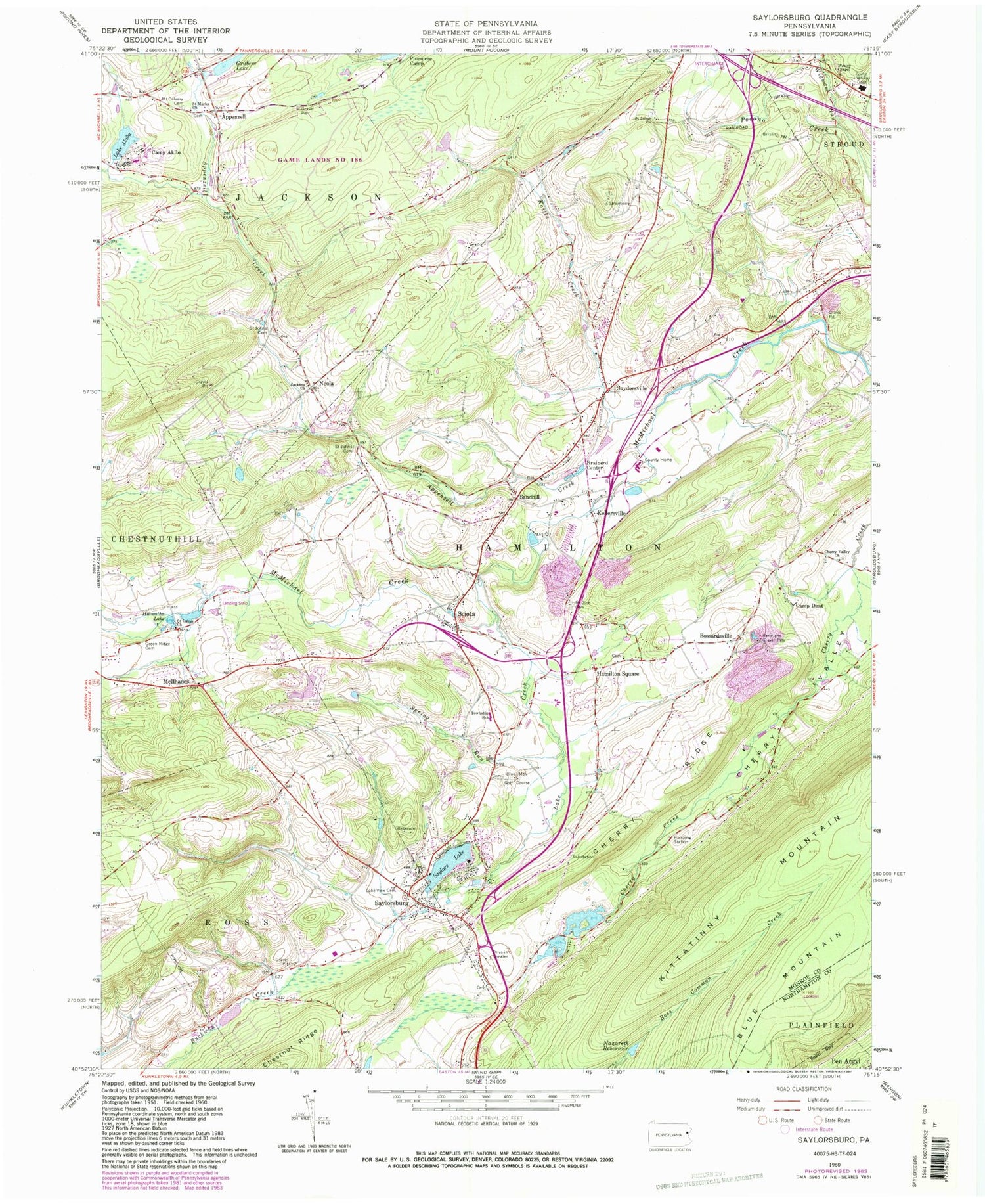 Classic USGS Saylorsburg Pennsylvania 7.5'x7.5' Topo Map Image
