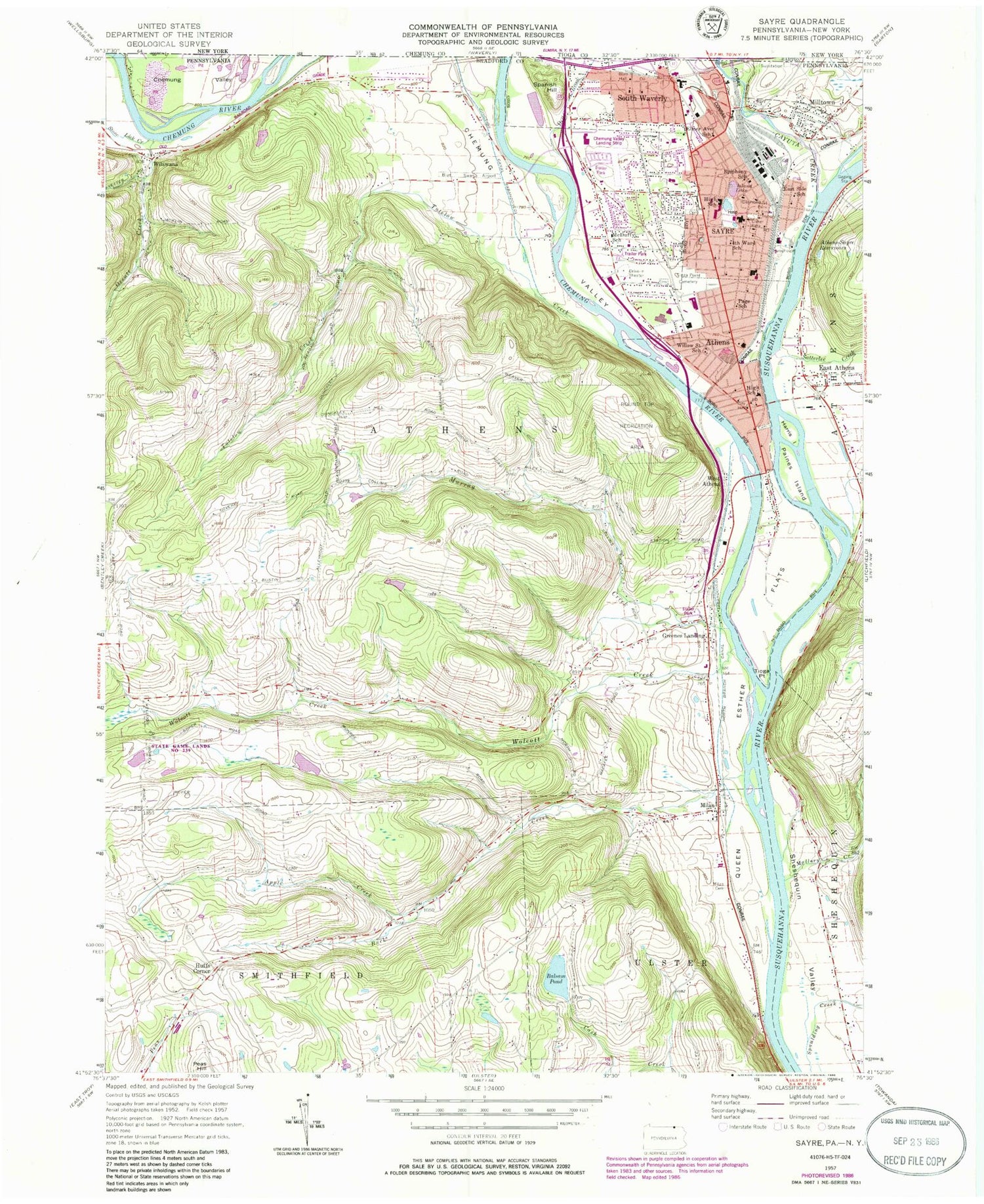 Classic USGS Sayre Pennsylvania 7.5'x7.5' Topo Map Image