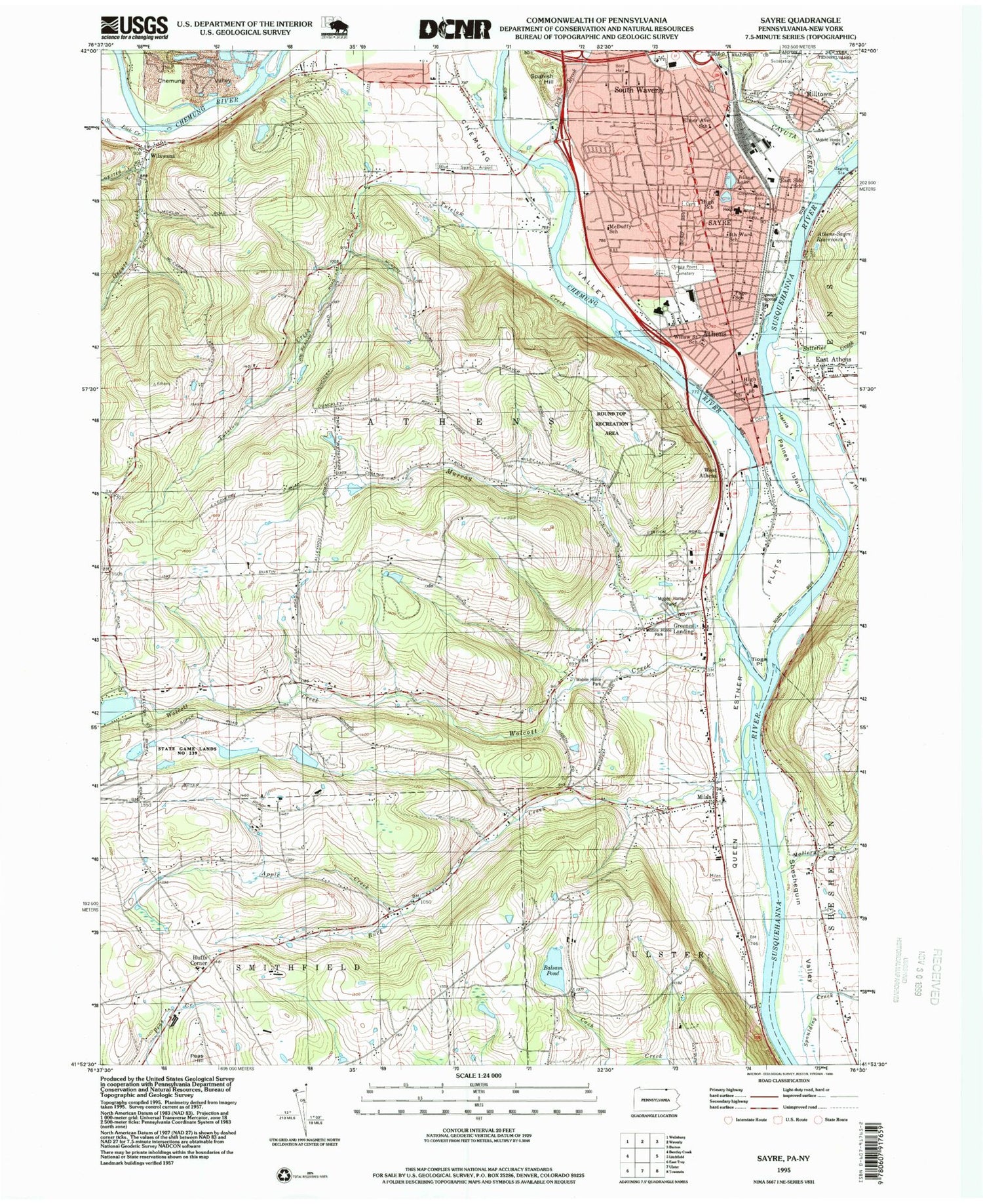 Classic USGS Sayre Pennsylvania 7.5'x7.5' Topo Map Image