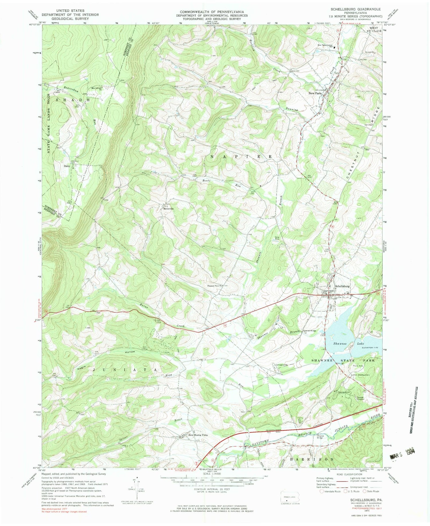 Classic USGS Schellsburg Pennsylvania 7.5'x7.5' Topo Map Image