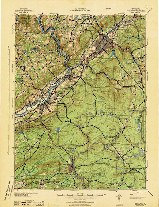 Historic 1943 Scranton Pennsylvania 30'x30' Topo Map Image