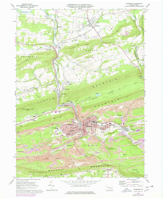 Classic USGS Shamokin Pennsylvania 7.5'x7.5' Topo Map Image