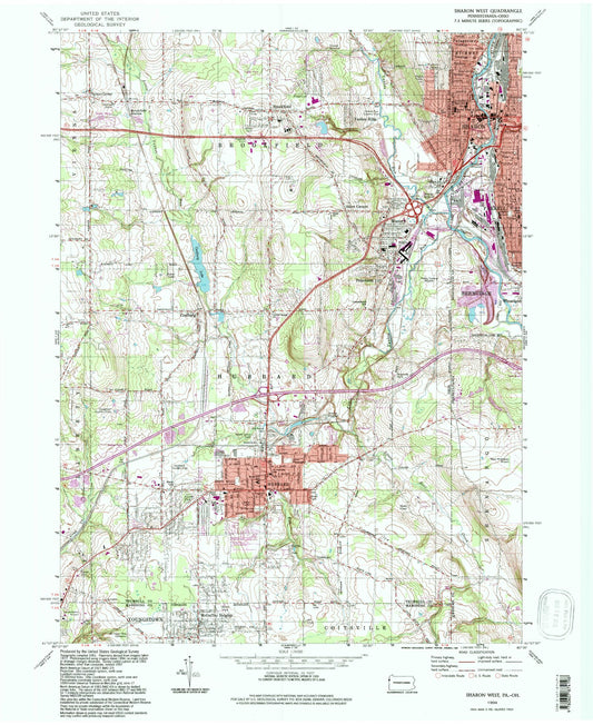 Classic USGS Sharon West Pennsylvania 7.5'x7.5' Topo Map Image