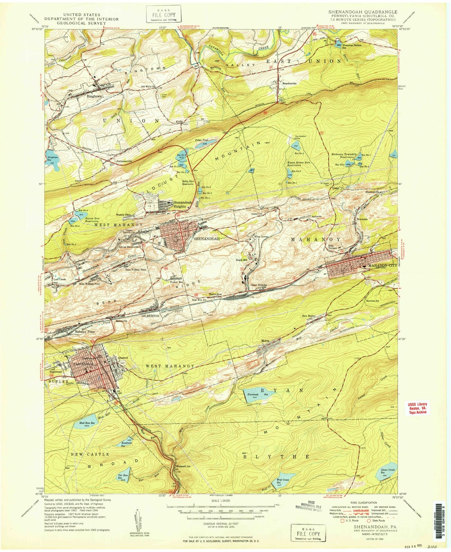 Classic USGS Shenandoah Pennsylvania 7.5'x7.5' Topo Map Image