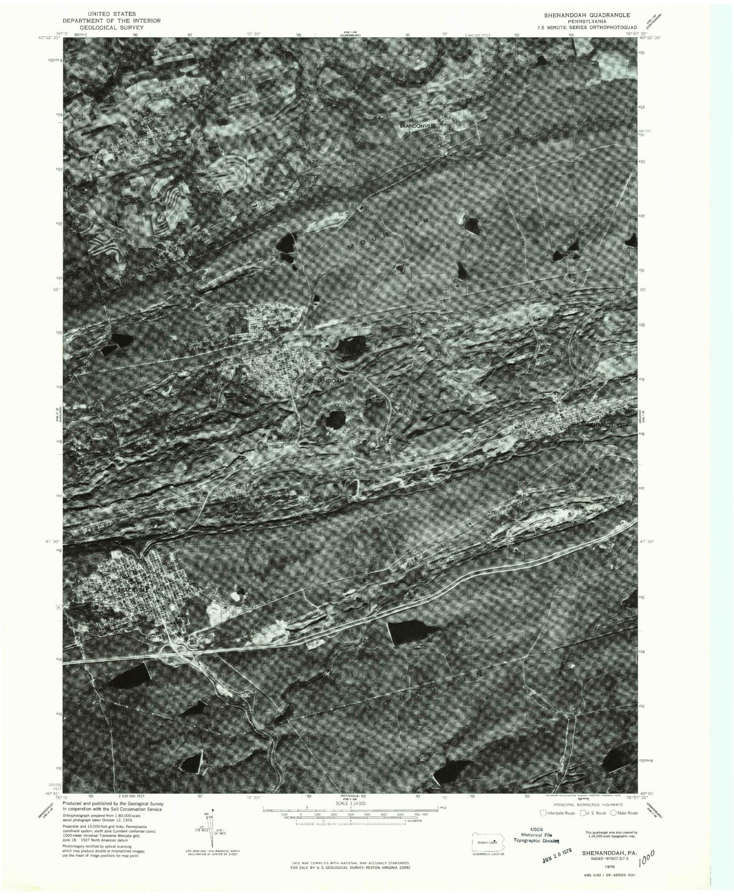 Classic USGS Shenandoah Pennsylvania 7.5'x7.5' Topo Map Image