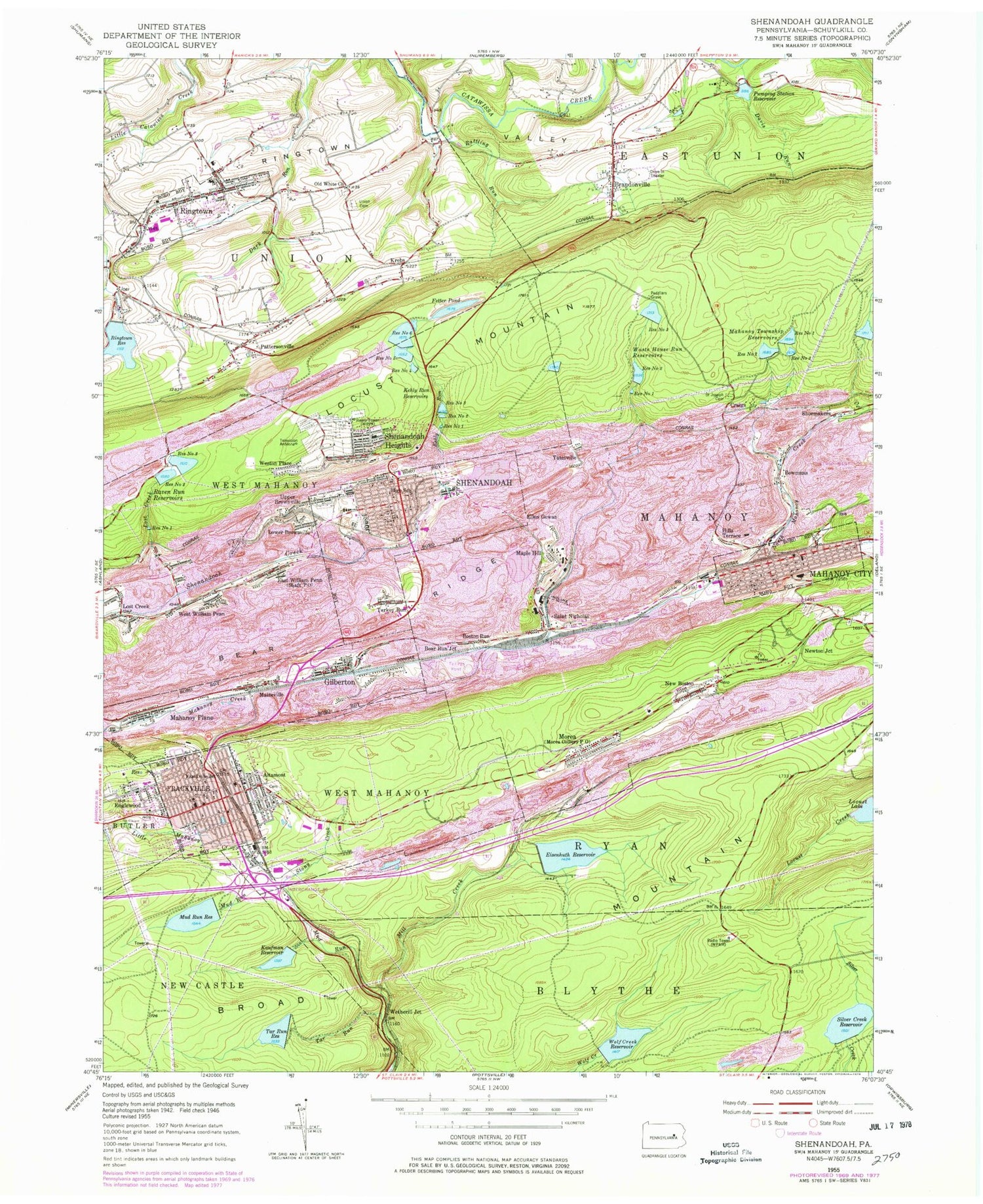 Classic USGS Shenandoah Pennsylvania 7.5'x7.5' Topo Map Image