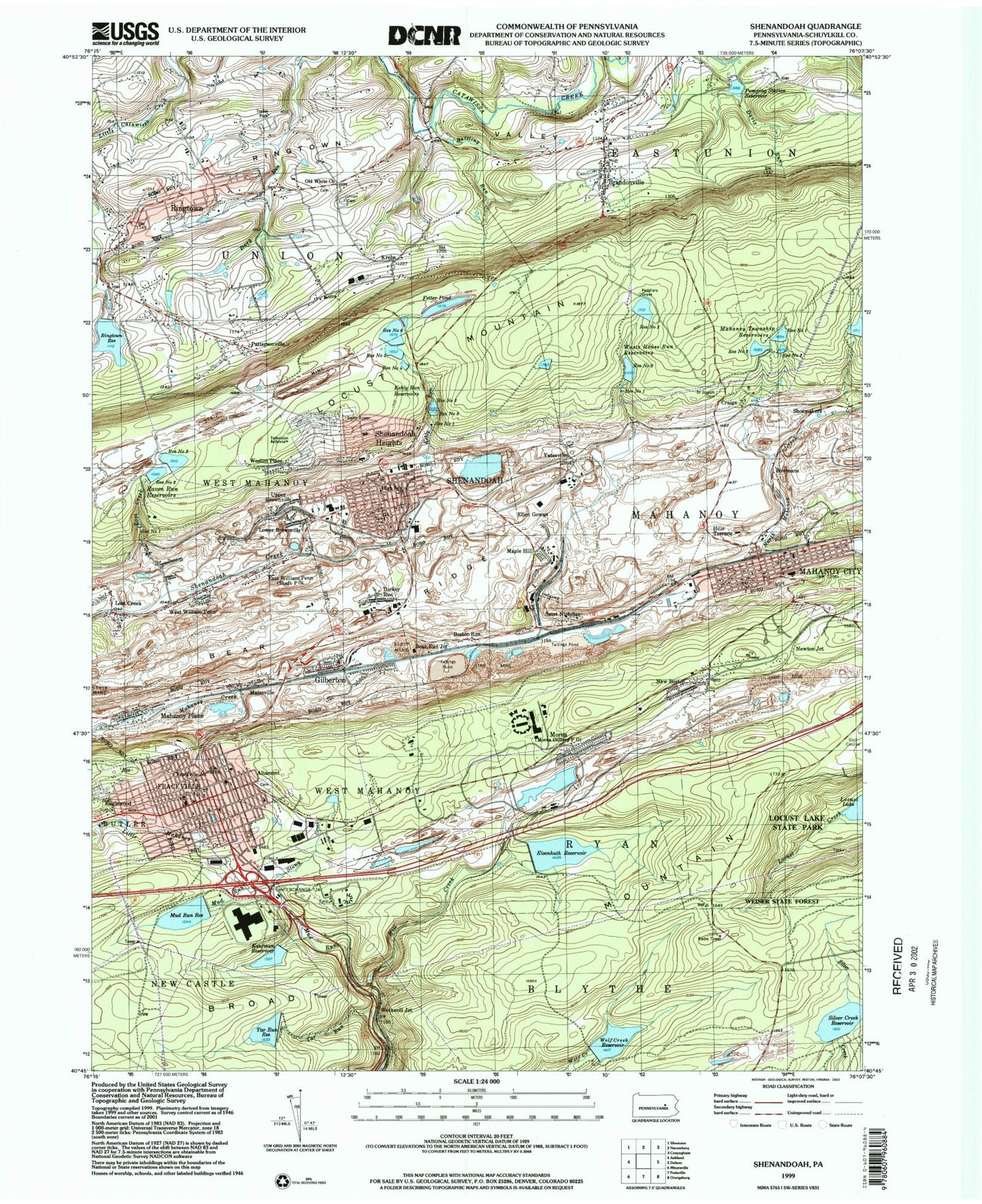 Classic USGS Shenandoah Pennsylvania 7.5'x7.5' Topo Map Image