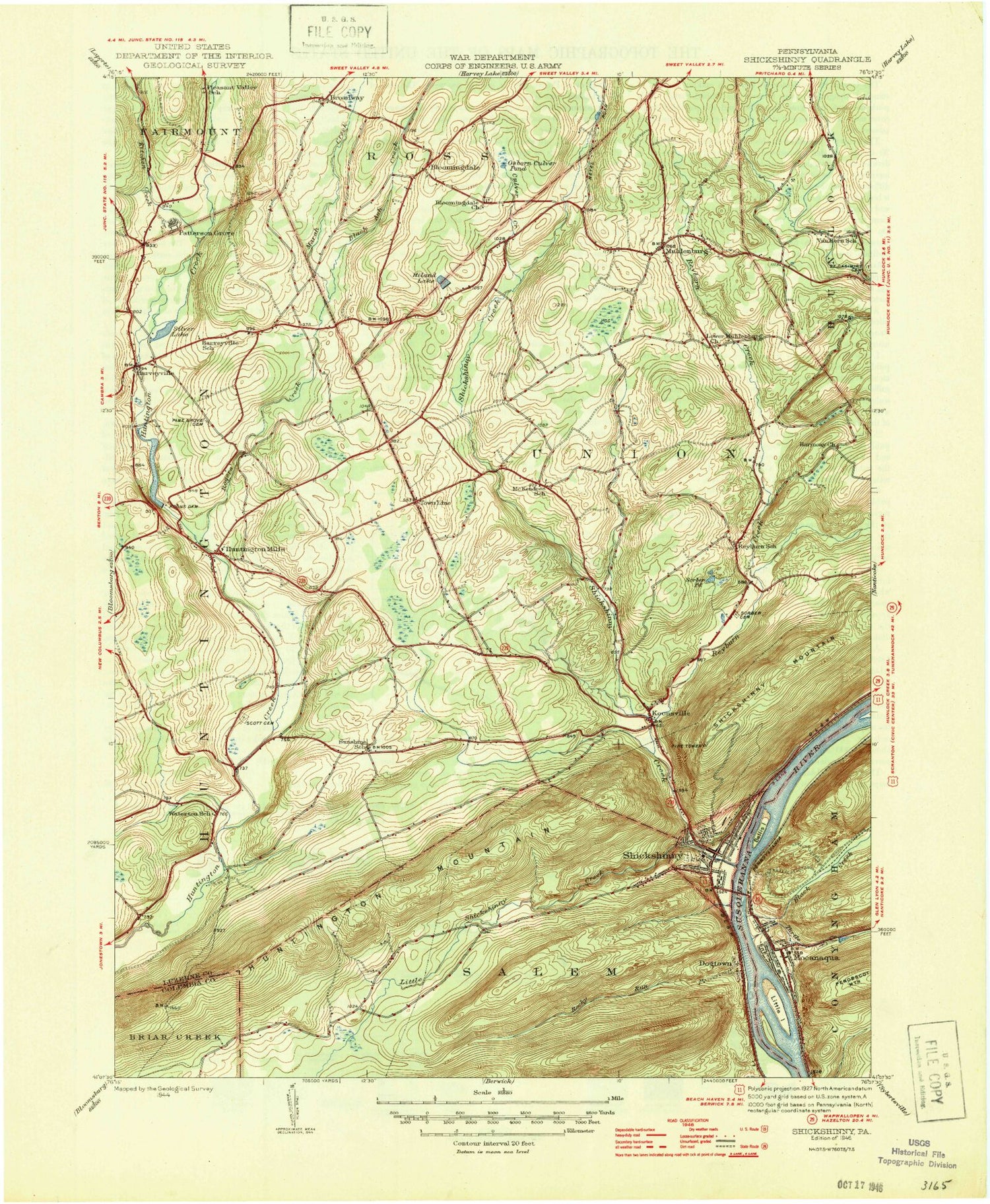 Classic USGS Shickshinny Pennsylvania 7.5'x7.5' Topo Map Image