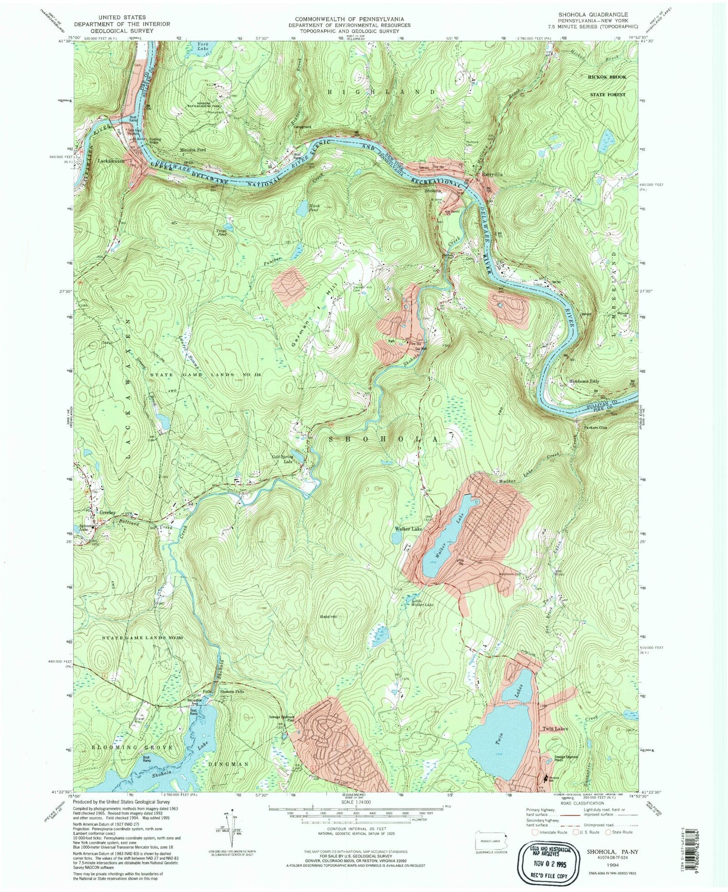 Classic USGS Shohola Pennsylvania 7.5'x7.5' Topo Map Image