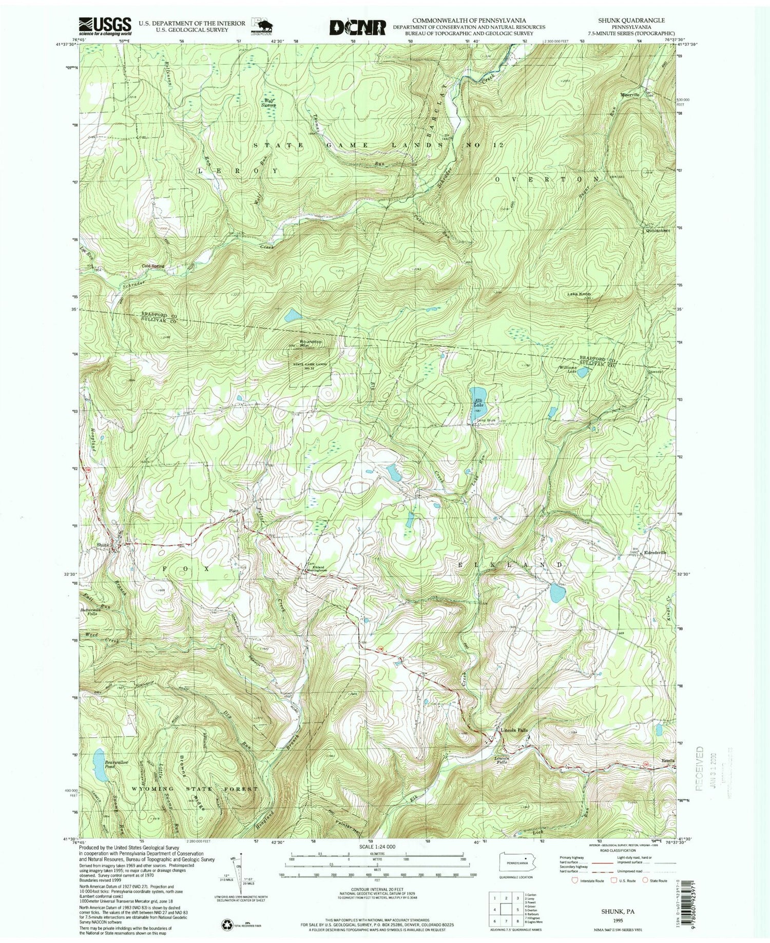 Classic USGS Shunk Pennsylvania 7.5'x7.5' Topo Map Image