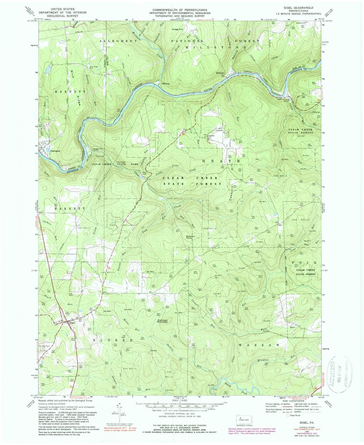 Classic USGS Sigel Pennsylvania 7.5'x7.5' Topo Map Image