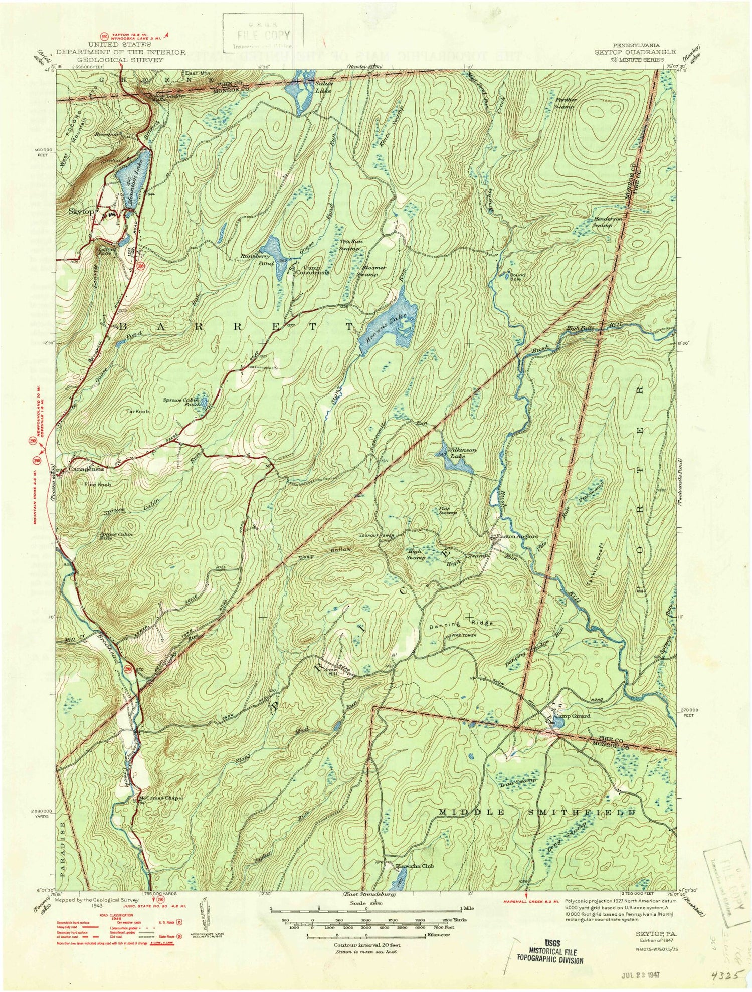 Classic USGS Skytop Pennsylvania 7.5'x7.5' Topo Map Image