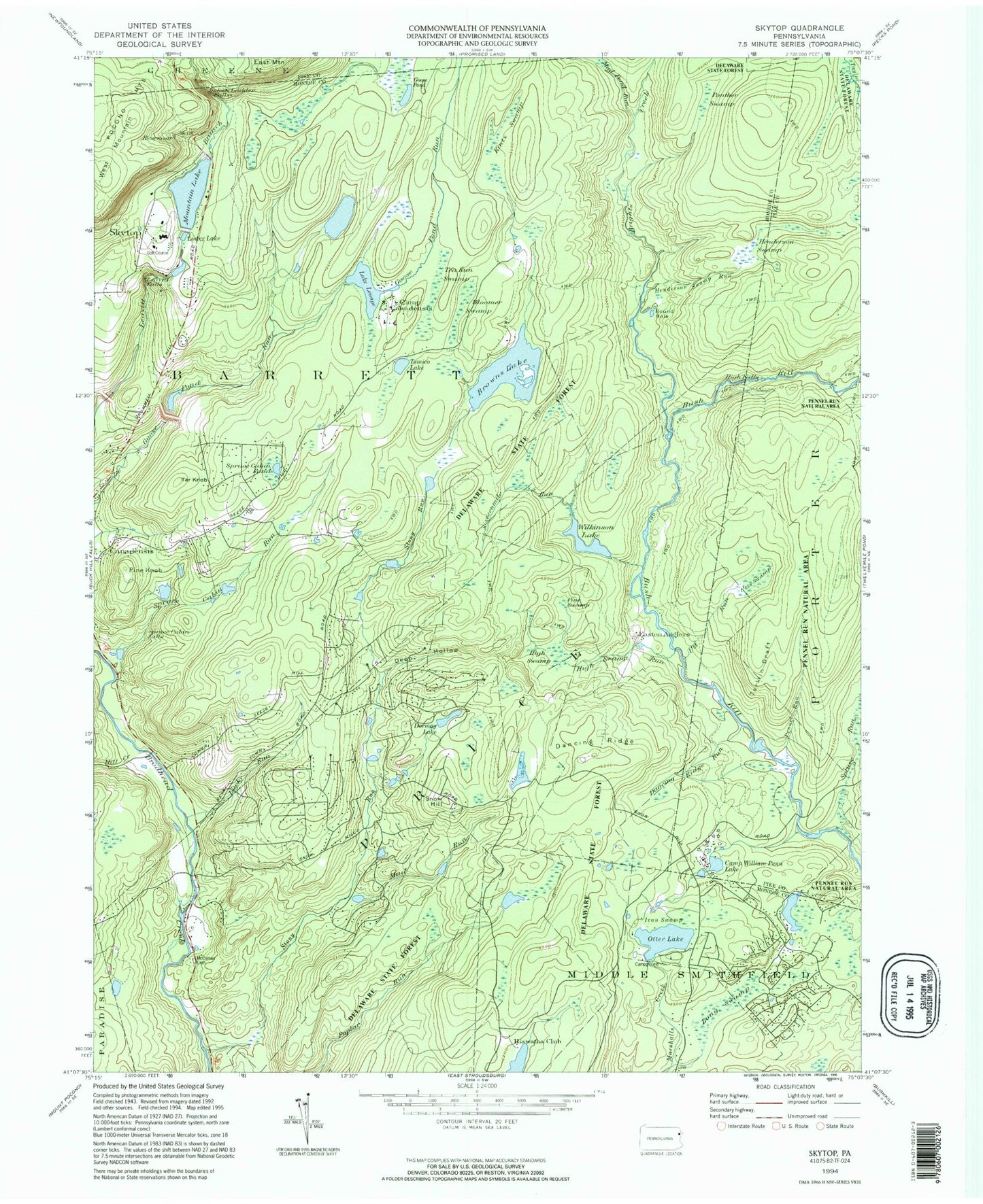 Classic USGS Skytop Pennsylvania 7.5'x7.5' Topo Map – MyTopo Map Store