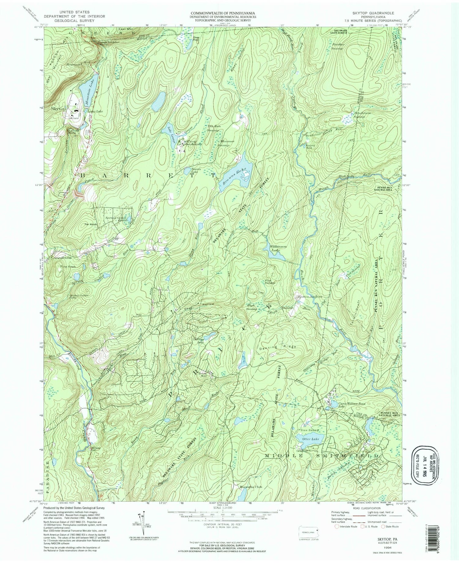 Classic USGS Skytop Pennsylvania 7.5'x7.5' Topo Map Image